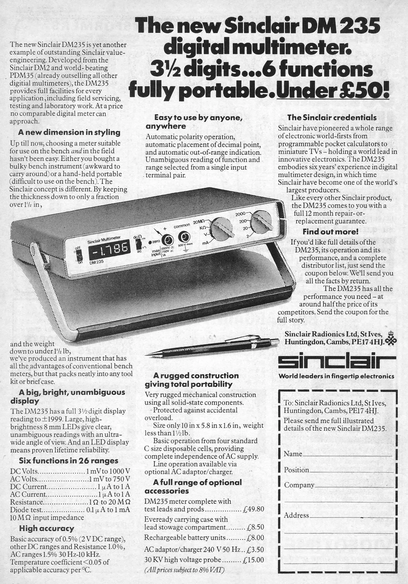 Sinclair Advert: The new Sinclair DM235 digital multimeter. 3.5 digits. Under £50!, from Electronics Today, June 1978