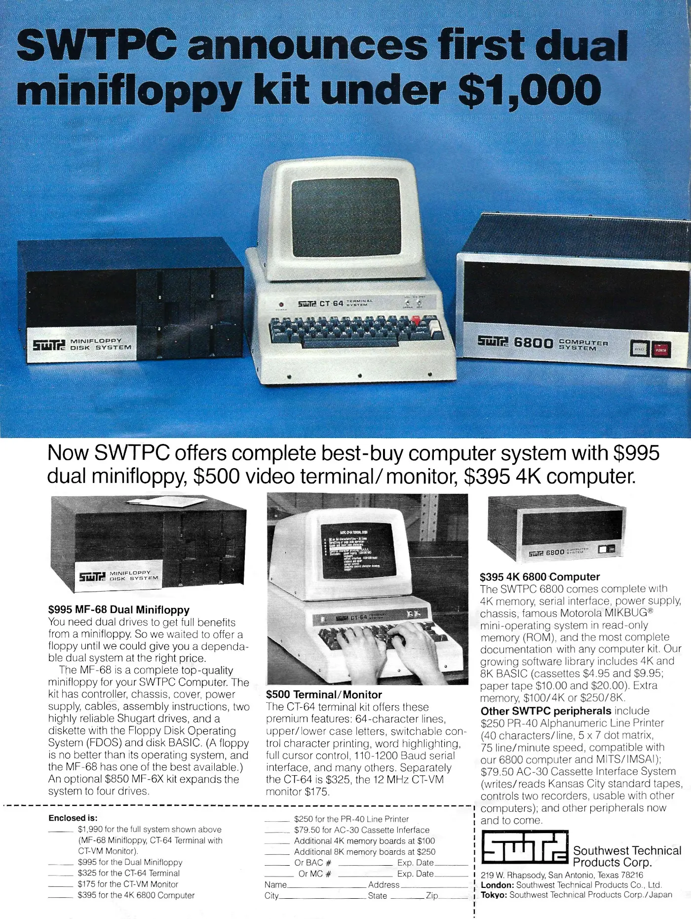 SWTPC Advert: SWTPC announces first dual minifloppy kit under $1,000, from Byte - The Small Systems Journal, November 1977