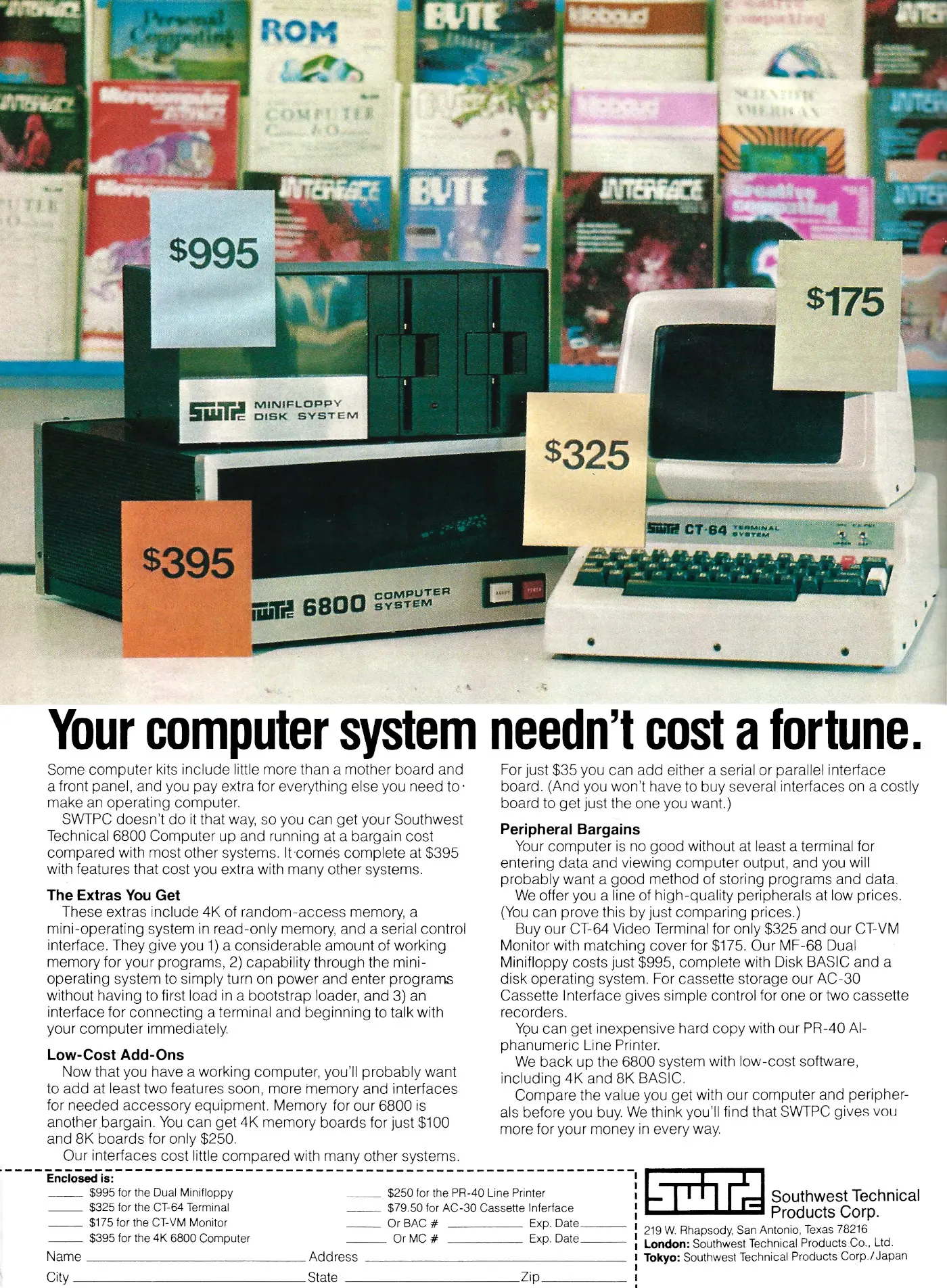 SWTPC Advert: Your computer system needn't cost a fortune - SWTPC 6800, from Byte - The Small Systems Journal, January 1978