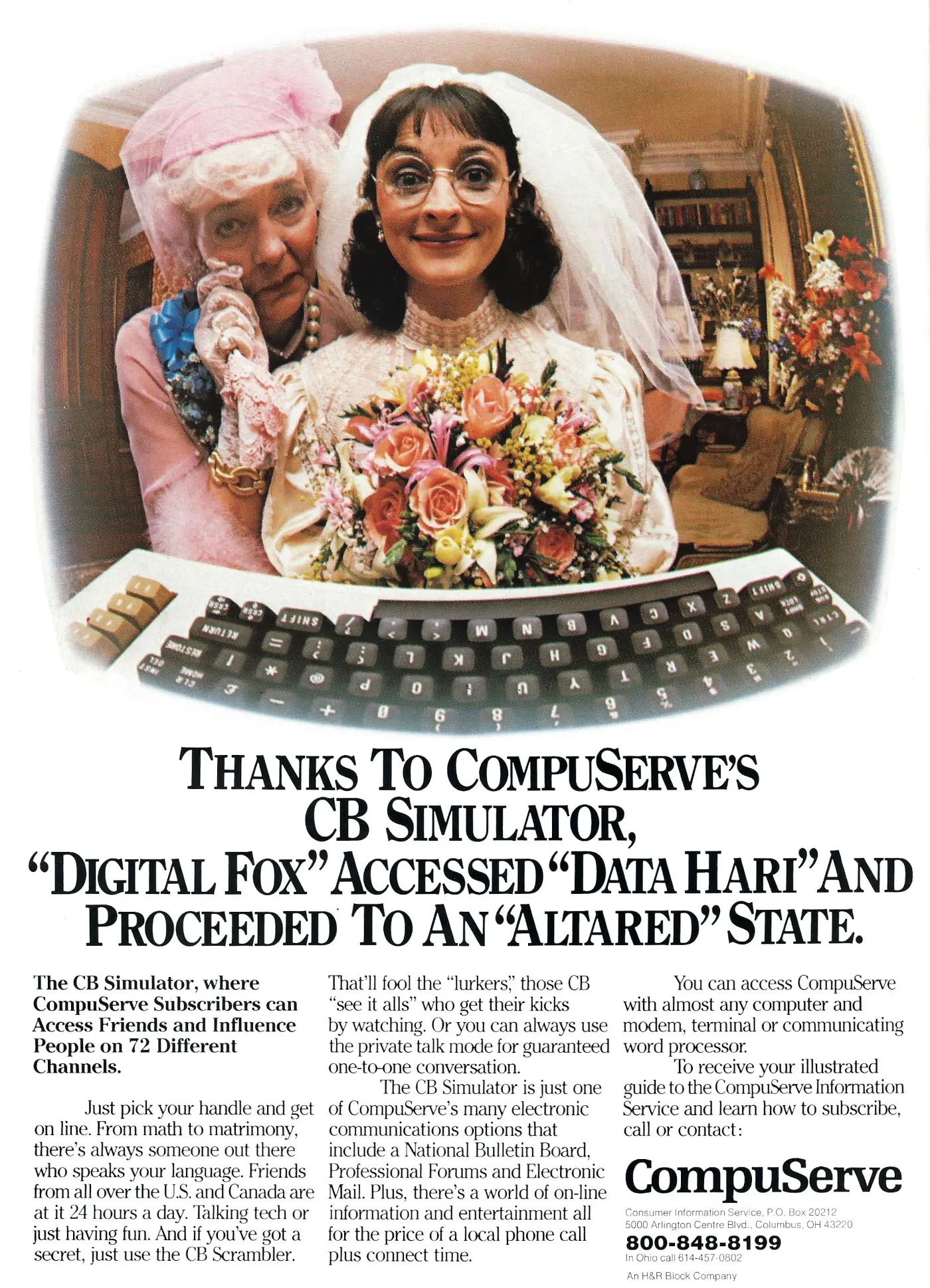Compuserve Advert: Thanks to CompuServe's CB Simulator, 'Digital Fox' Accessed 'Data Hari' and Proceeded to an 'Altared' State, from Compute's Gazette, August 1984