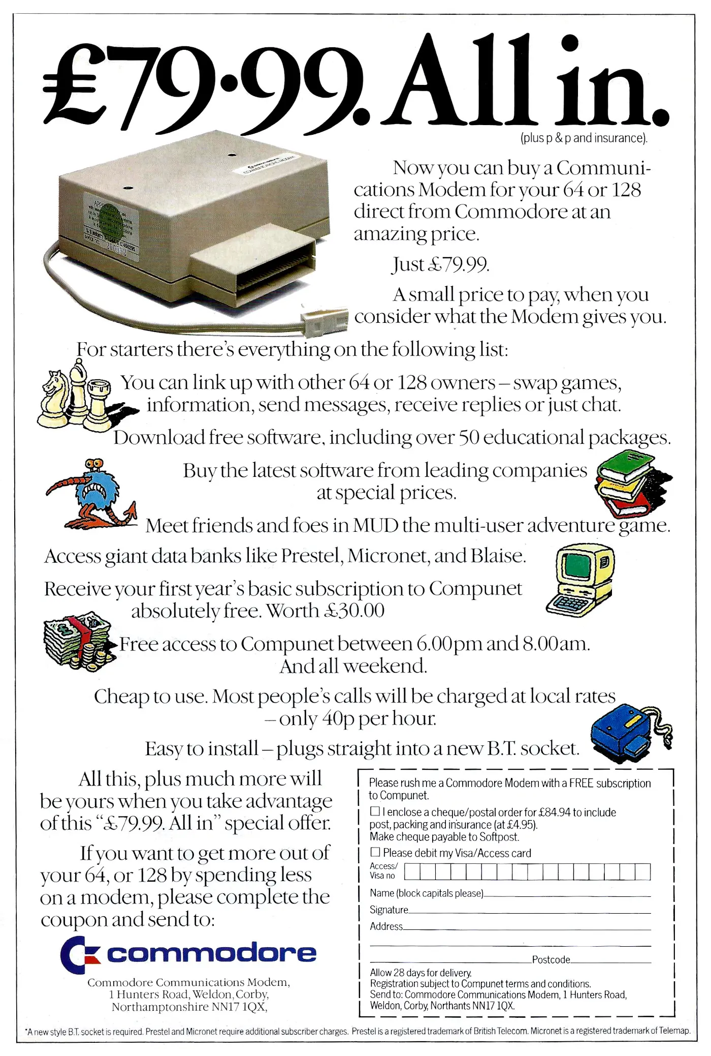 Commodore Advert: £79.99 all in: the Commodore Communications Modem, from Commodore Computing International, December 1985