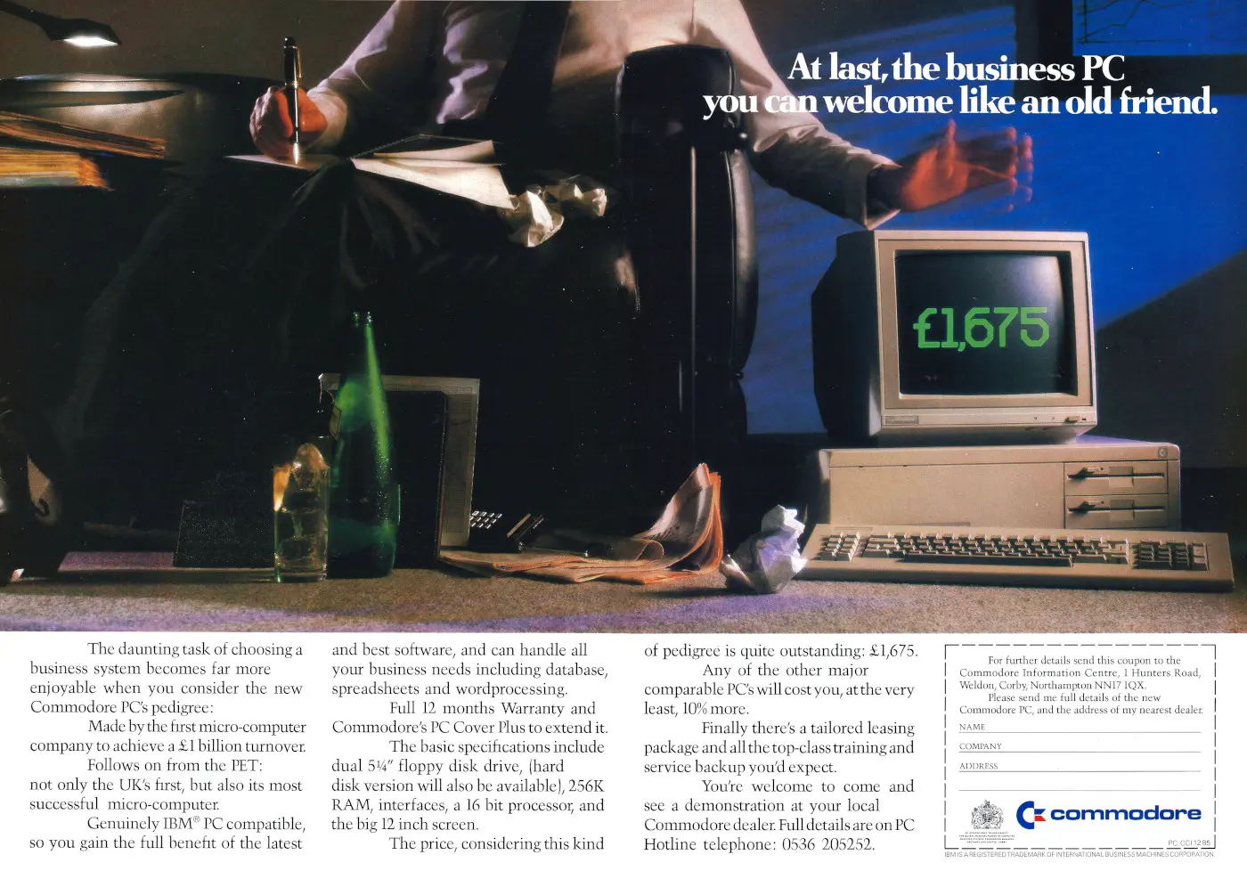 Commodore Advert: At last, the business PC you can welcome like an old friend, from Commodore Computing International, December 1985