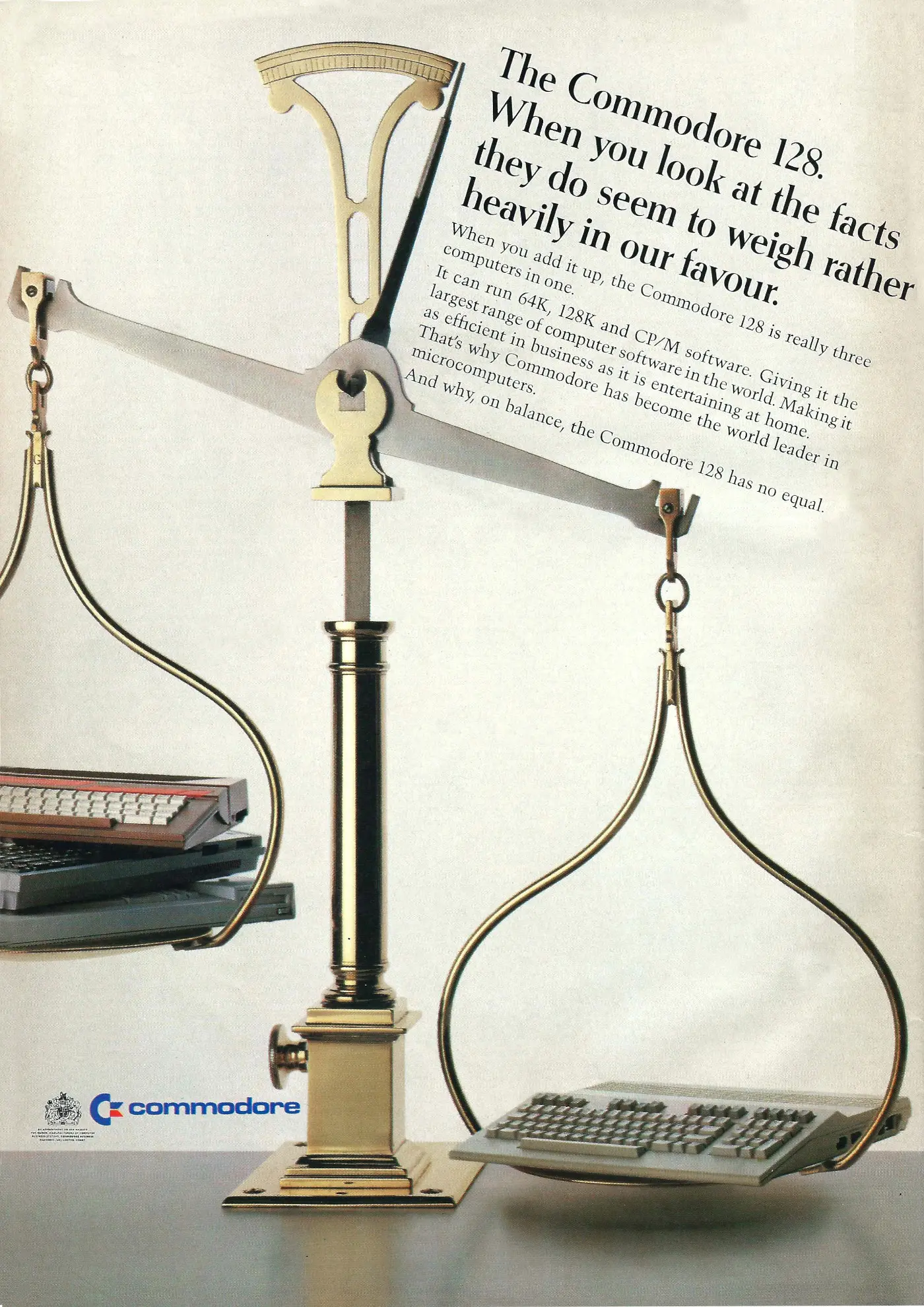 Commodore Advert: The Commodore 128.  When you look at the facts, they do seem to weigh rather heavily in our favour., from Commodore User, December 1985