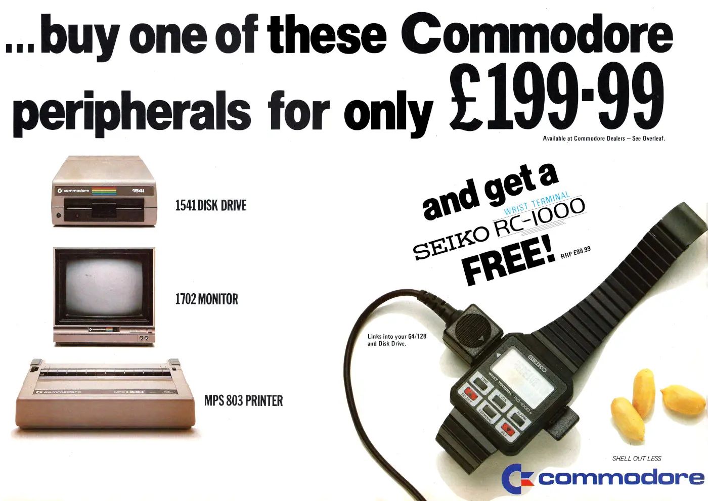 Commodore Advert: Buy one of these Commodore peripherals for £199.99 and get a Seiko RC-1000 free!, from Commodore User, December 1985