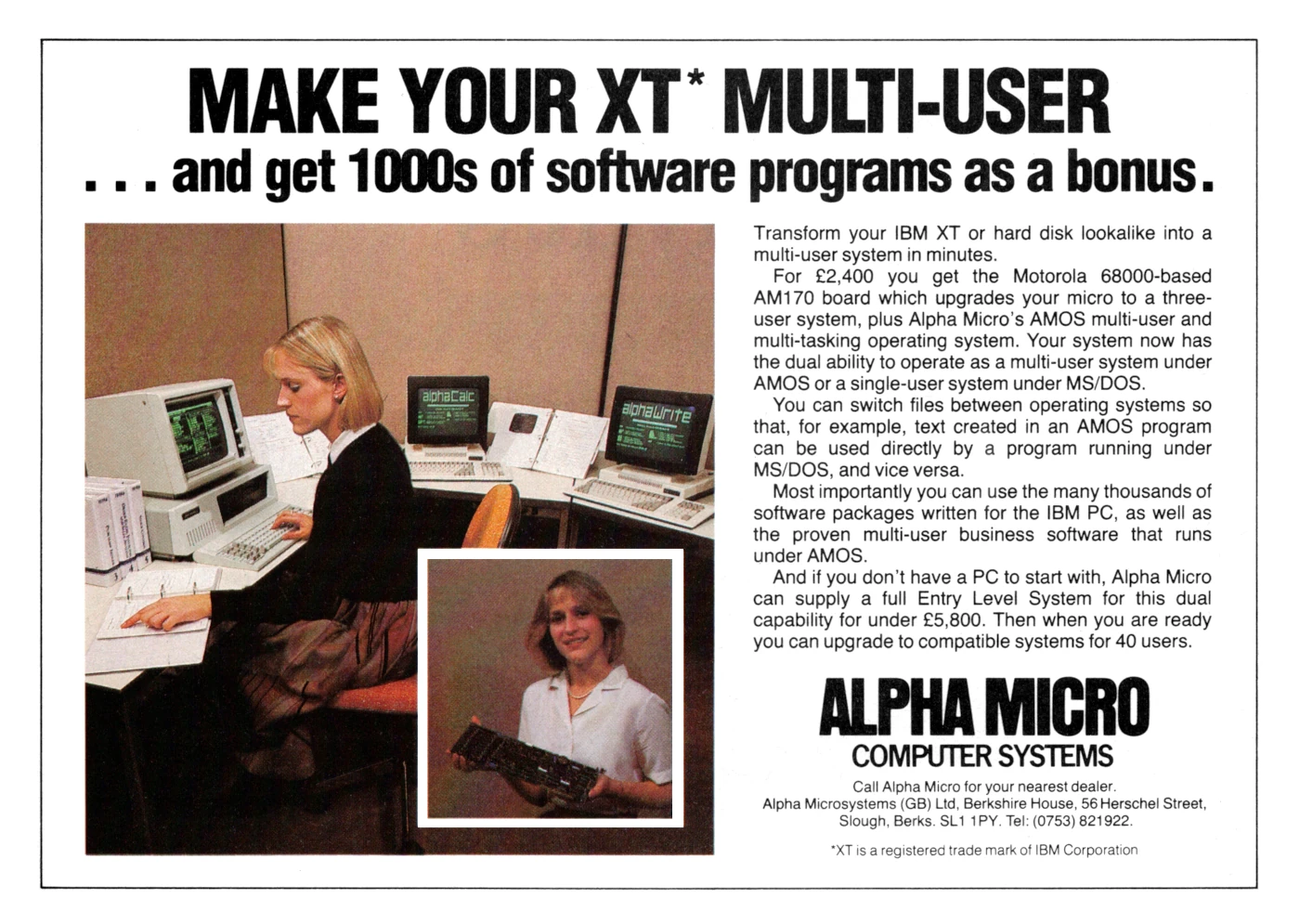 Alpha Micro Advert: Make your XT multi-user, from Practical Computing, April 1985