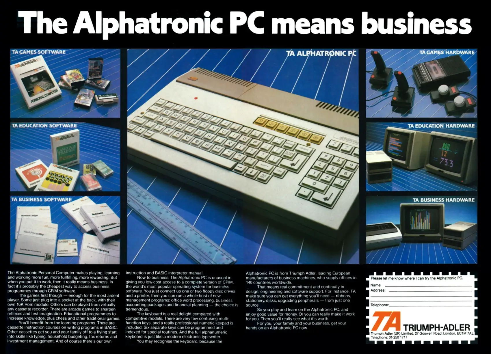 Triumph-Adler Advert: The <span class='hilite'>Alphatronic PC</span> means business, from Your Computer, March 1984