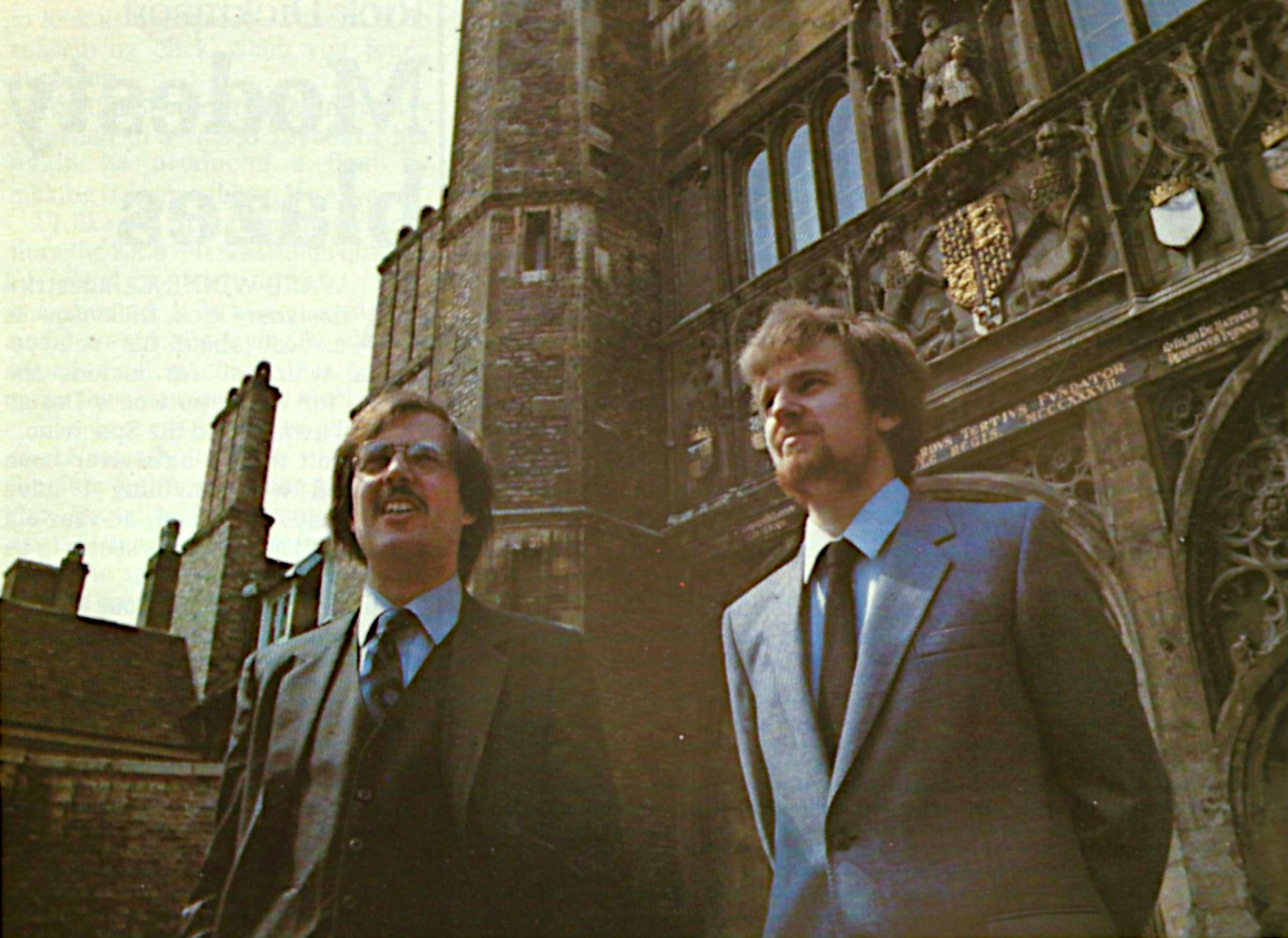 Vickers and Altwasser outside Trinity College's main gate in Cambridge, © Sinclair User 1983