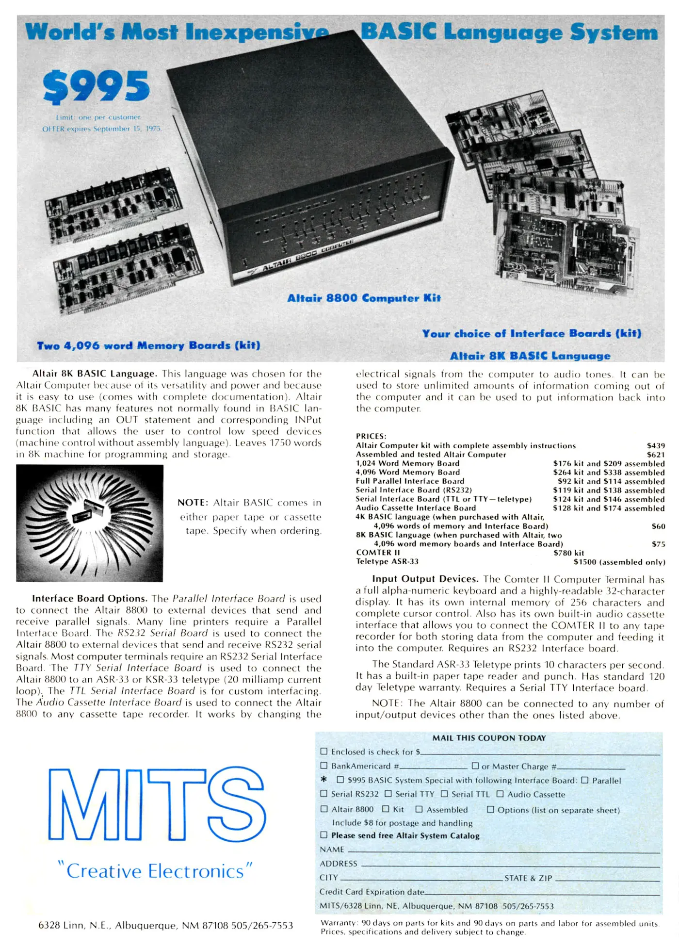 MITS Advert: Altair 8800: World's Most Inexpensive BASIC Language System, from Popular Electronics, August 1975