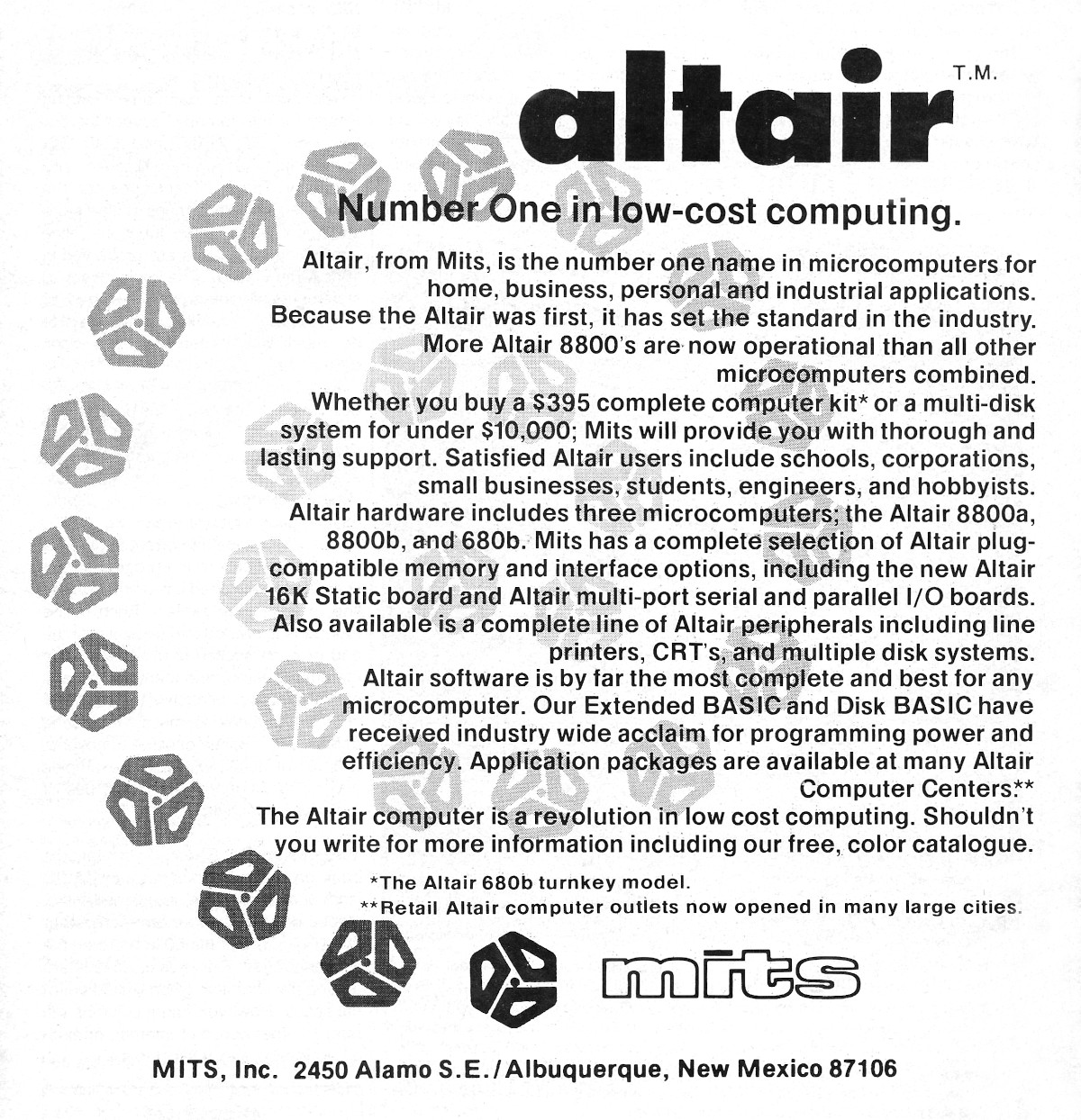 A text-heavy advert, primarily for the Altair, now branded as the 8800a, but also mentioning the 8800b version and the new 680b, based on the Motorola 6800. Prices, as featured in the December 1976 edition of Popular Electronics, ranged from £395 for the 