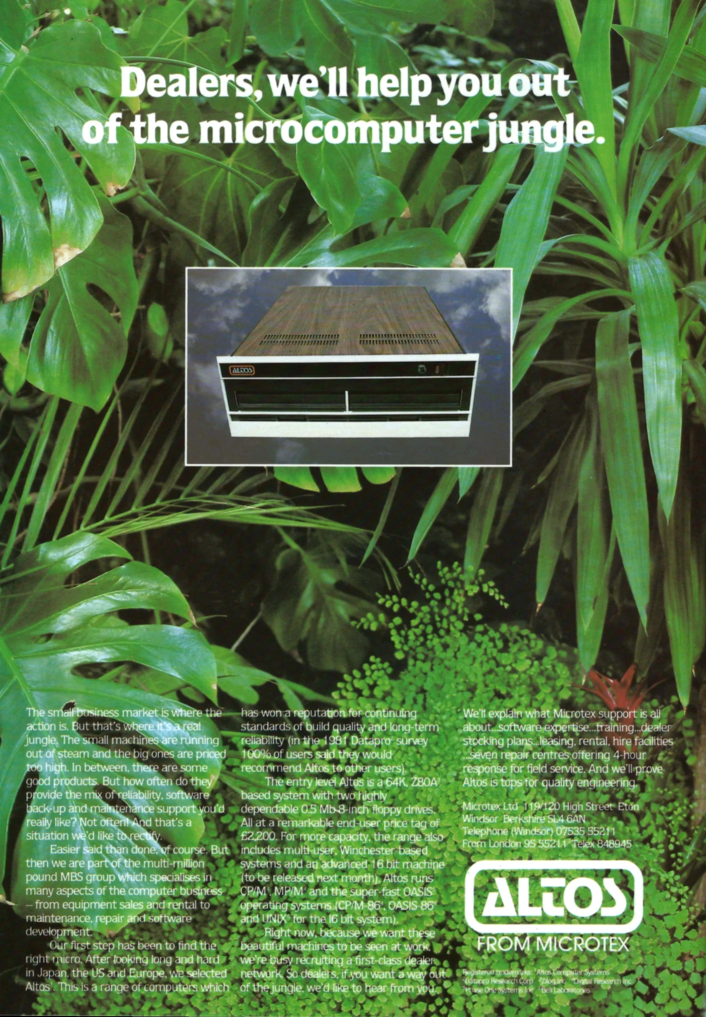 Altos Advert: Dealers, we'll help you out of the microcomputer jungle, from Practical Computing, December 1981