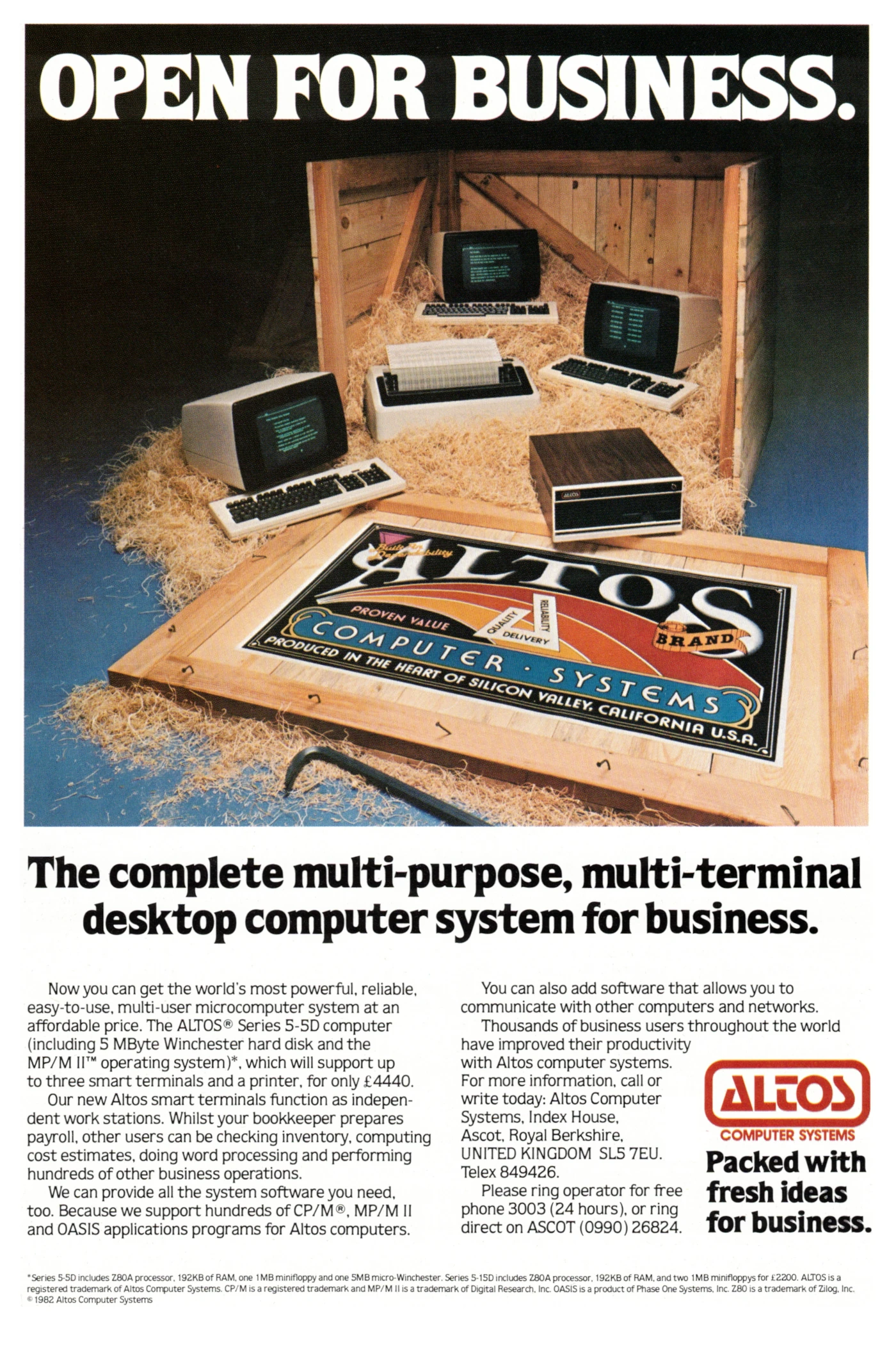 Altos Advert: The complete multi-purpose, multi-terminal desktop computer system for business, from Practical Computing, September 1982