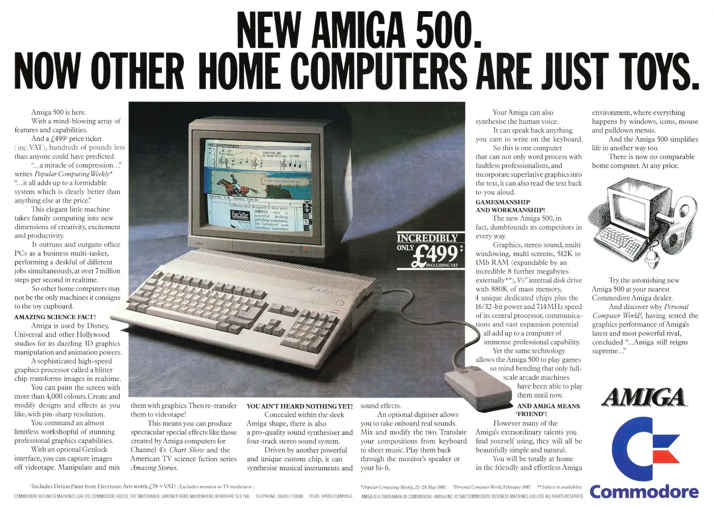 Commodore Advert: New Amiga 500 - Now other home computers are just toys, from Your Computer, November 1987