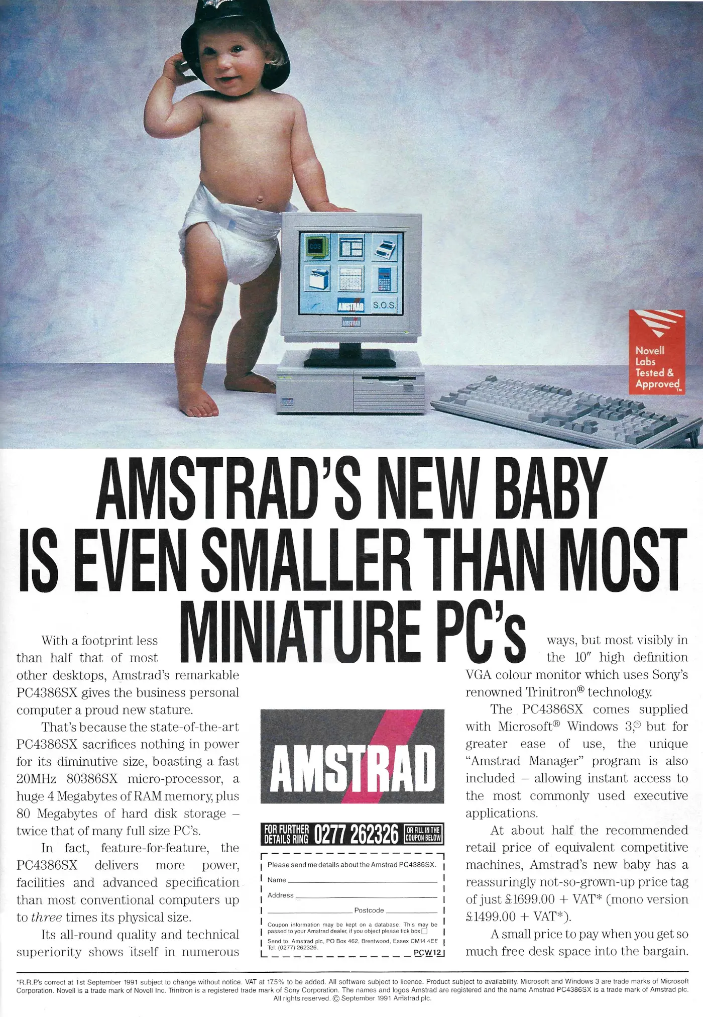 Amstrad Advert: Amstrad's new baby is even smaller than most miniature PCs, from Personal Computer World, December 1991