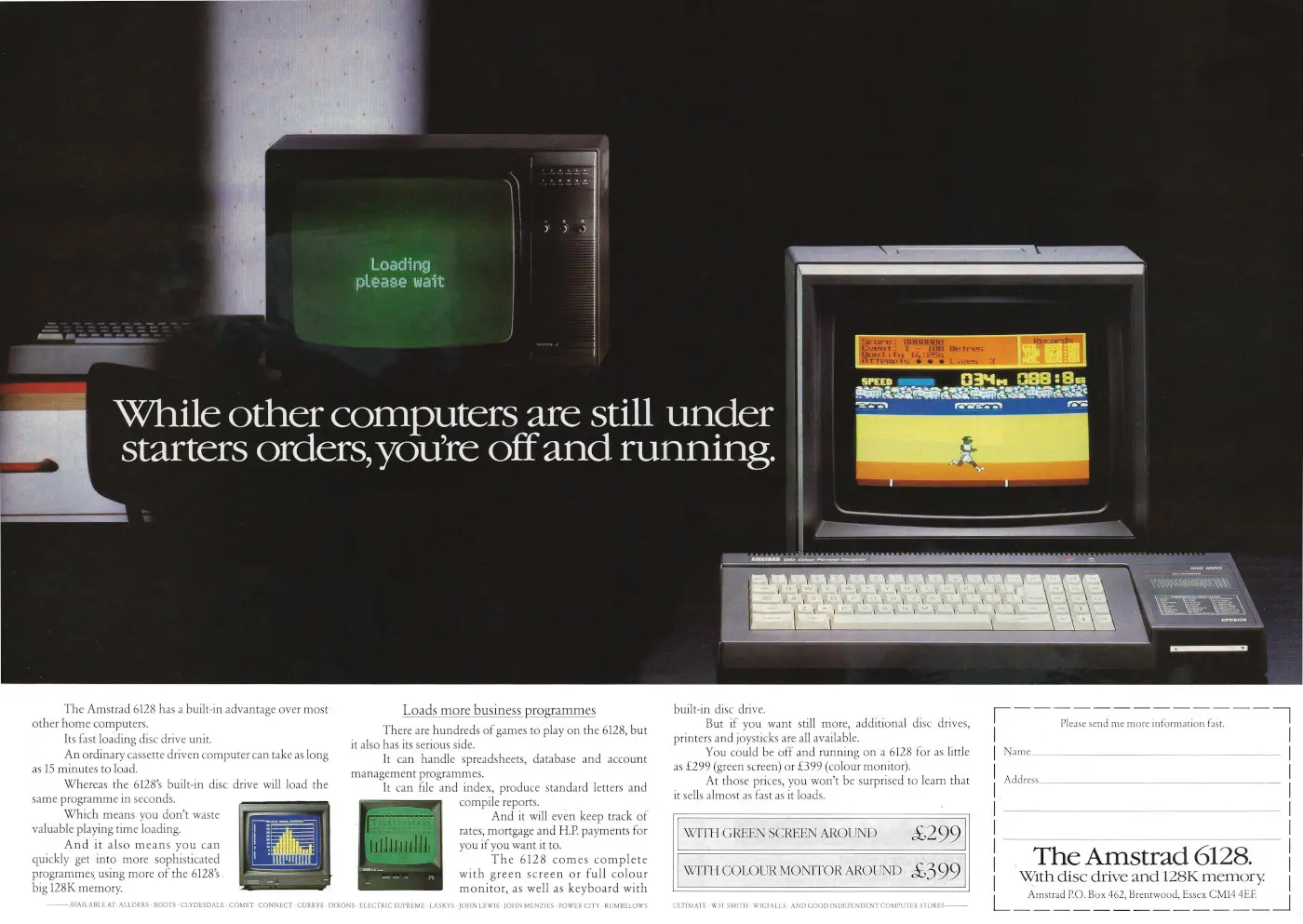 Amstrad Advert: Amstrad 6128: While other computers are still under starters orders, you're off and running, from Personal Computer World, August 1986