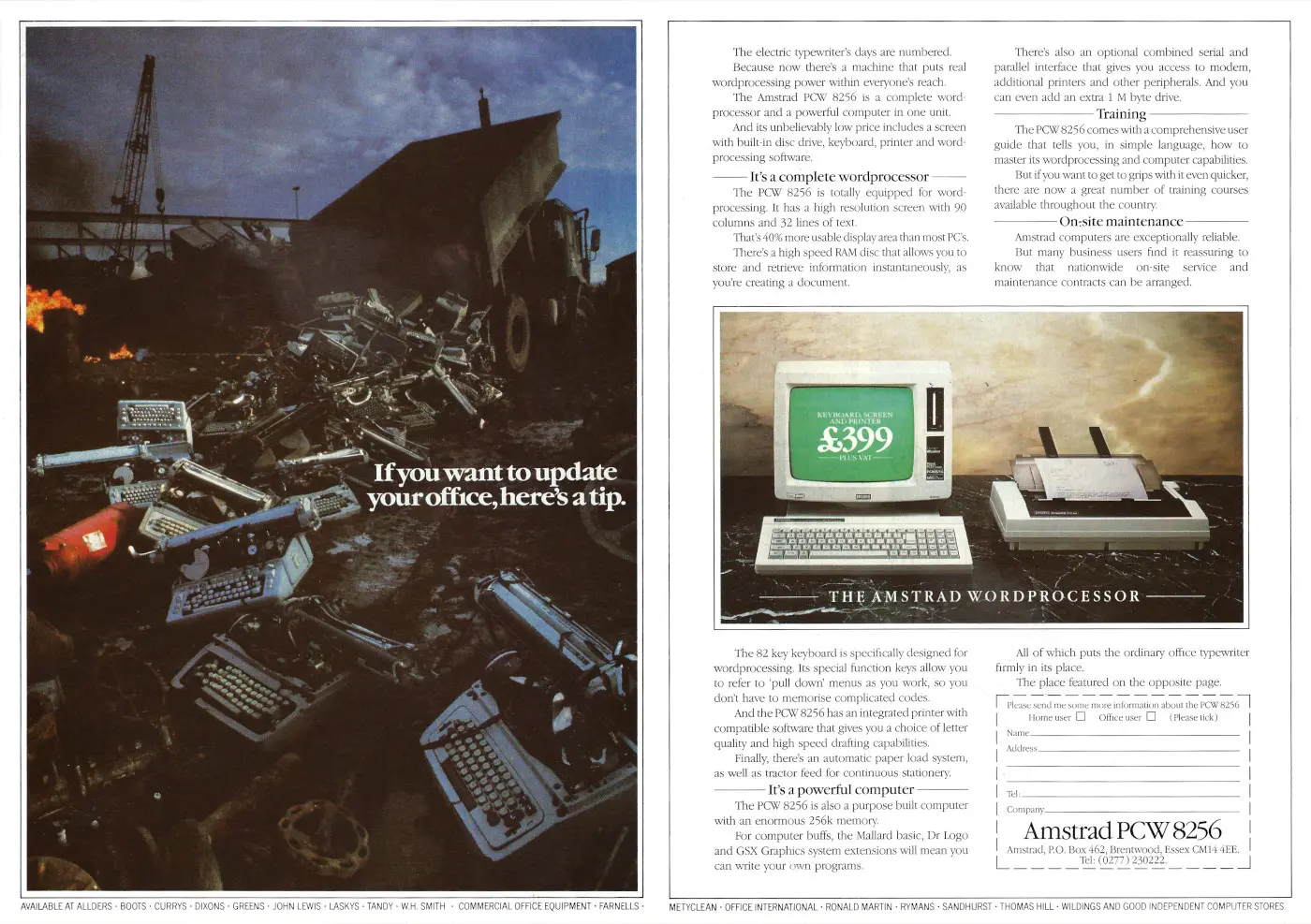 Amstrad Advert: If you want to upgrade your office, here's a tip, from Practical Computing, August 1986