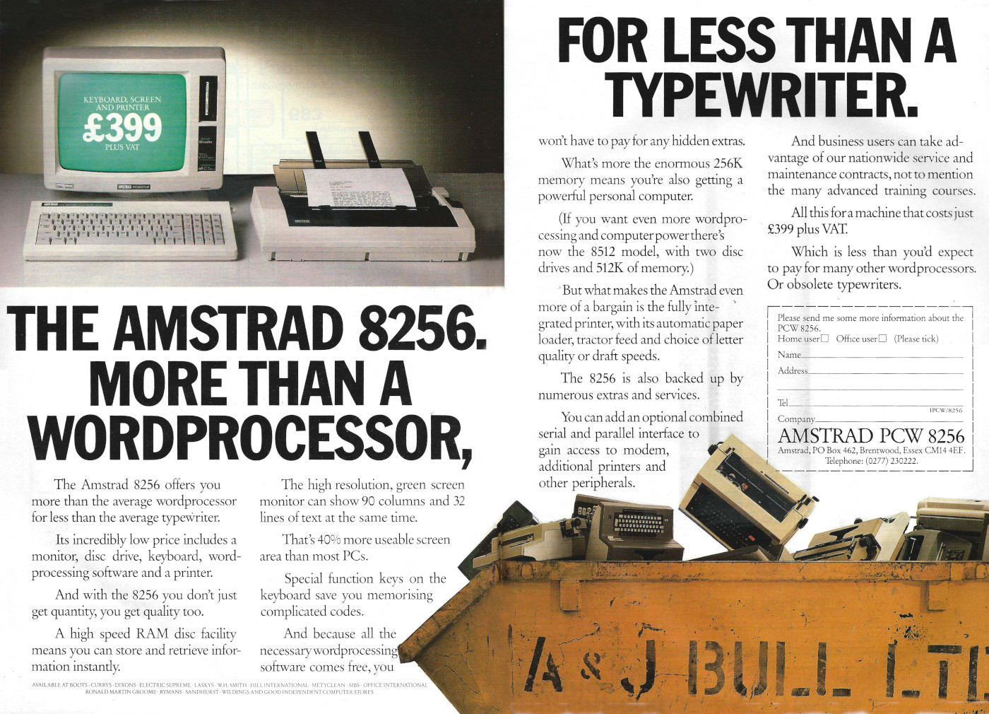 An advert for the PC‍W <span class='hilite'><span class='hilite'><span class='hilite'>8256</span></span></span> on a similar theme, with a skip full of junked computer equipment. From Personal Computer World, October 1986