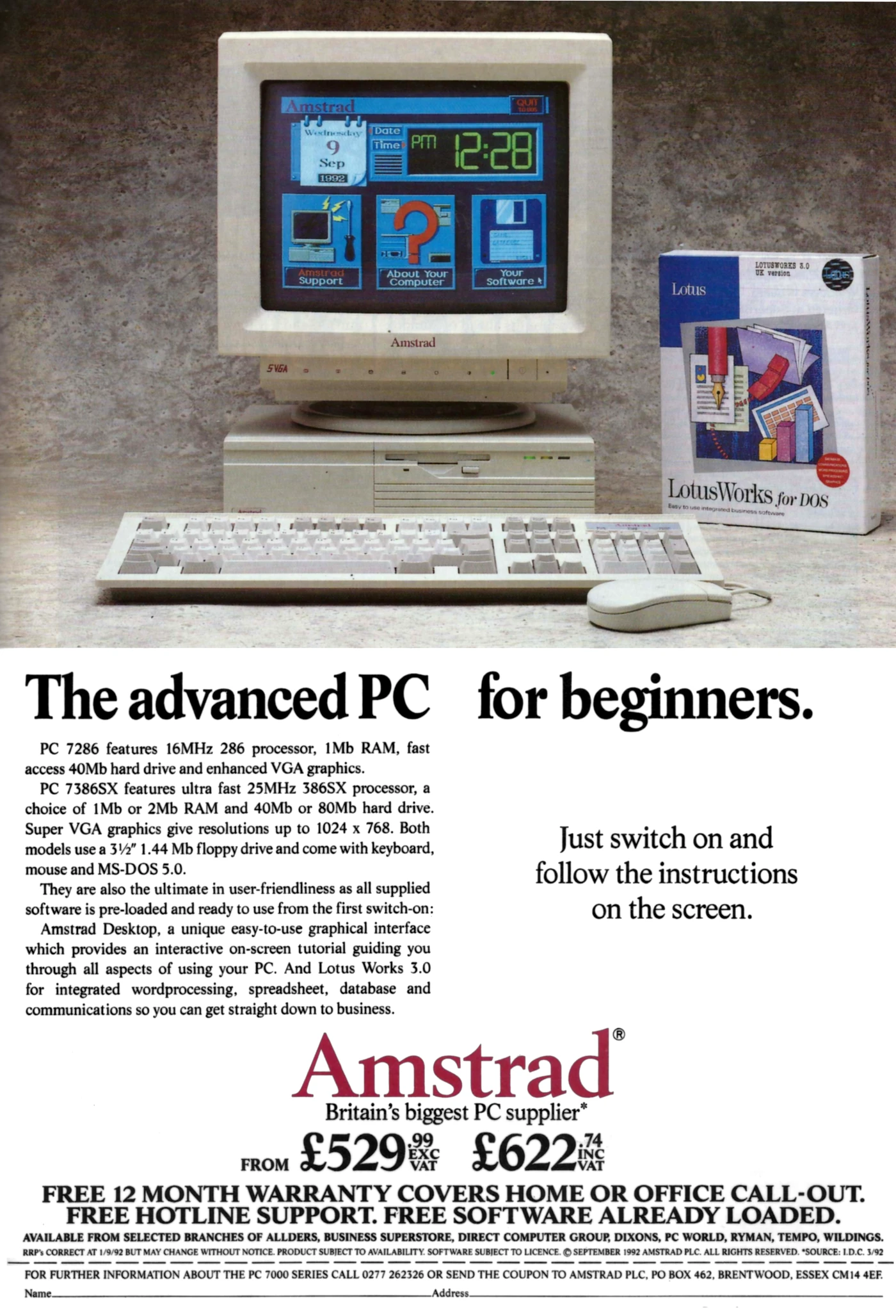 Amstrad Advert: The advanced PC. For beginners., from Personal Computer World, January 1993