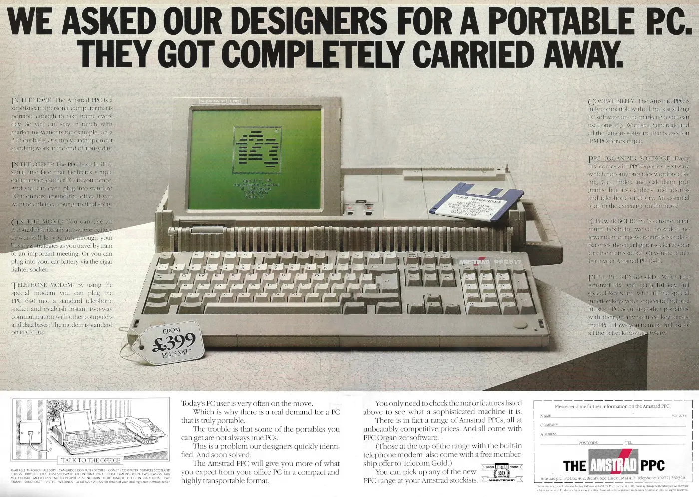 Amstrad Advert: We asked our designers for a portable PC. They got completely carried away., from Personal Computer World, February 1988