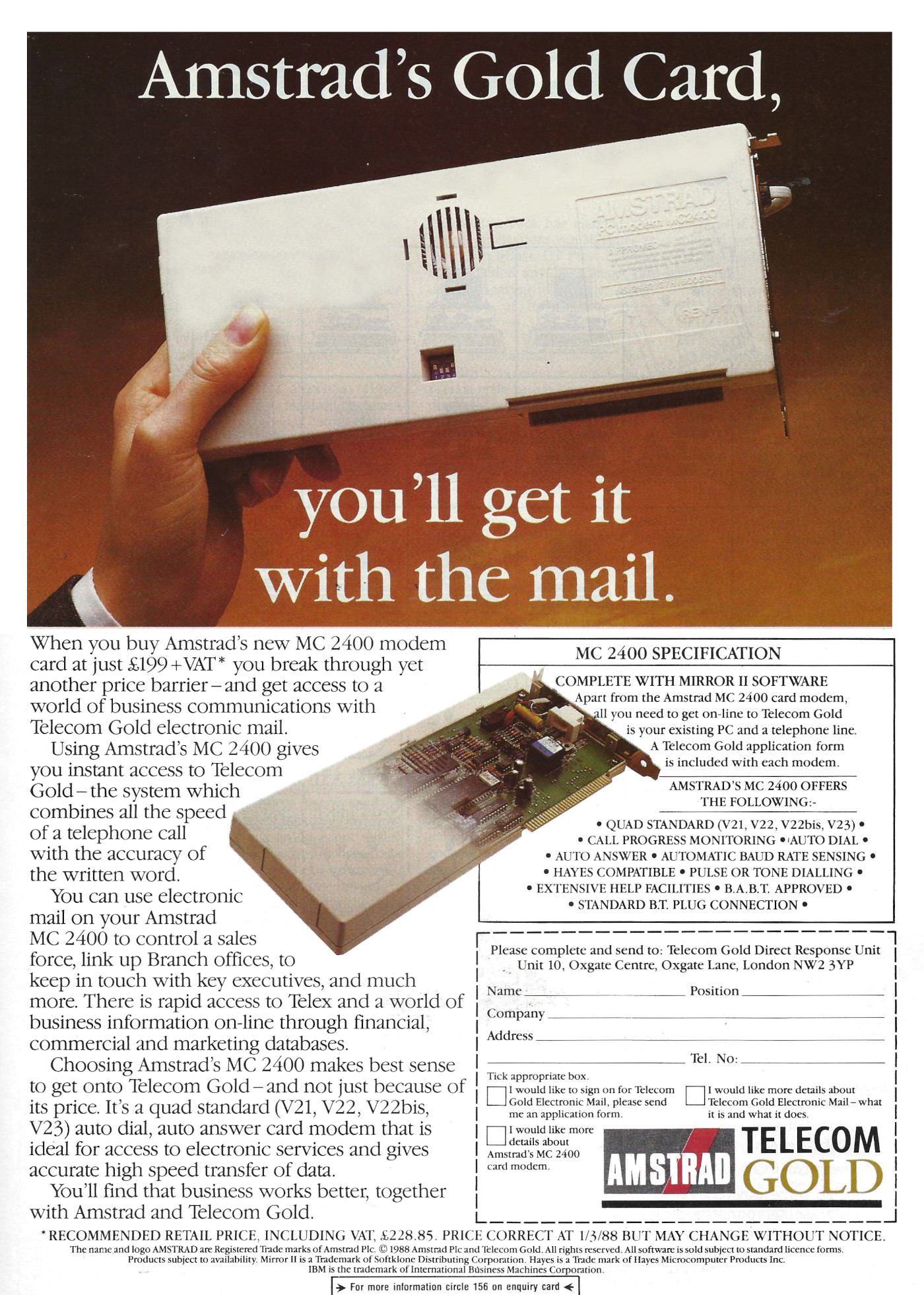 Amstrad's MC2<span class='hilite'><span class='hilite'><span class='hilite'>400</span></span></span> modem for £199 + VAT, a groundbreaking price for a modem at the time. From Practical Computing, April 1988