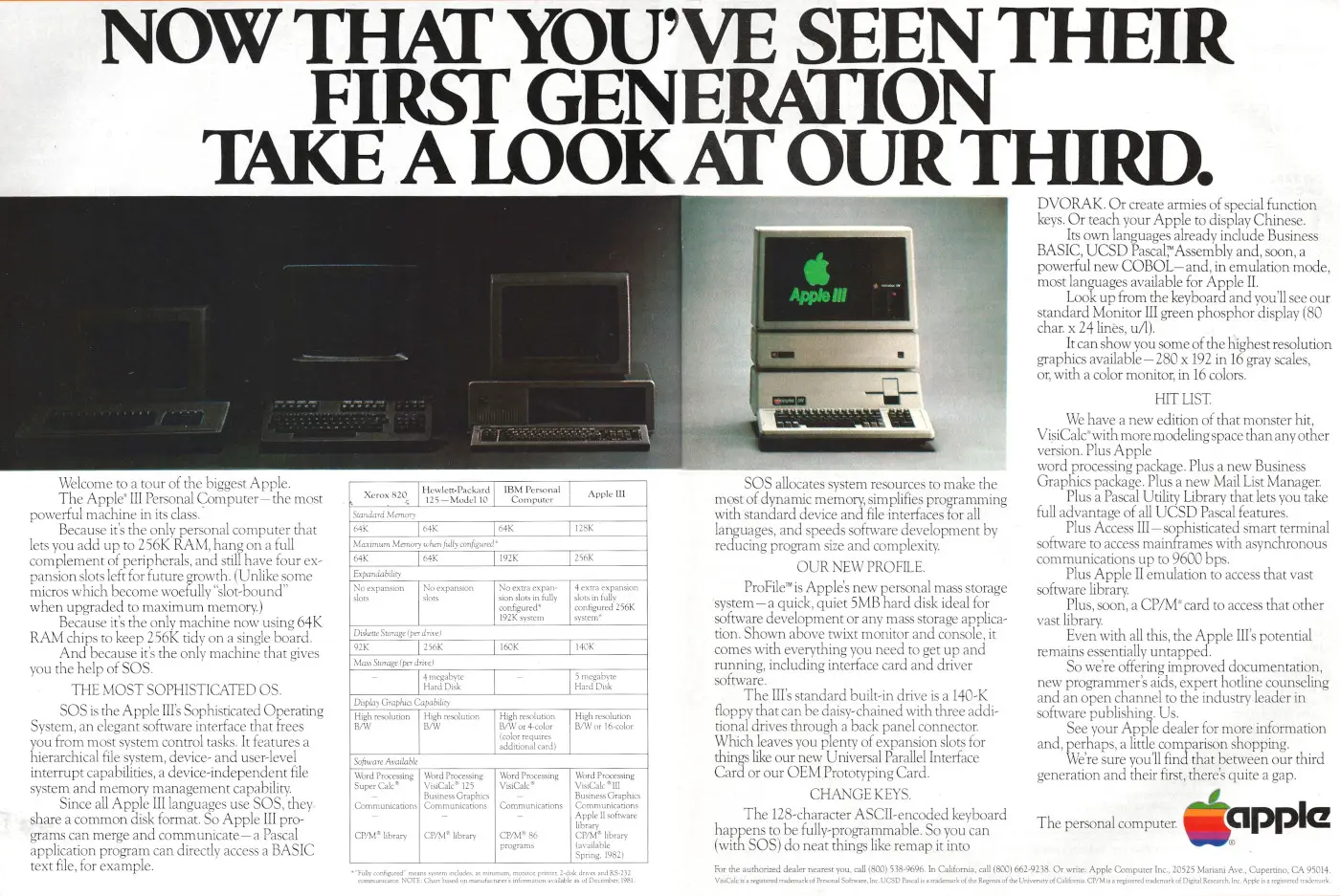 Apple Advert: Apple III: Now that you've seen their first generation, take a look at our third, from Personal Computing, May 1982