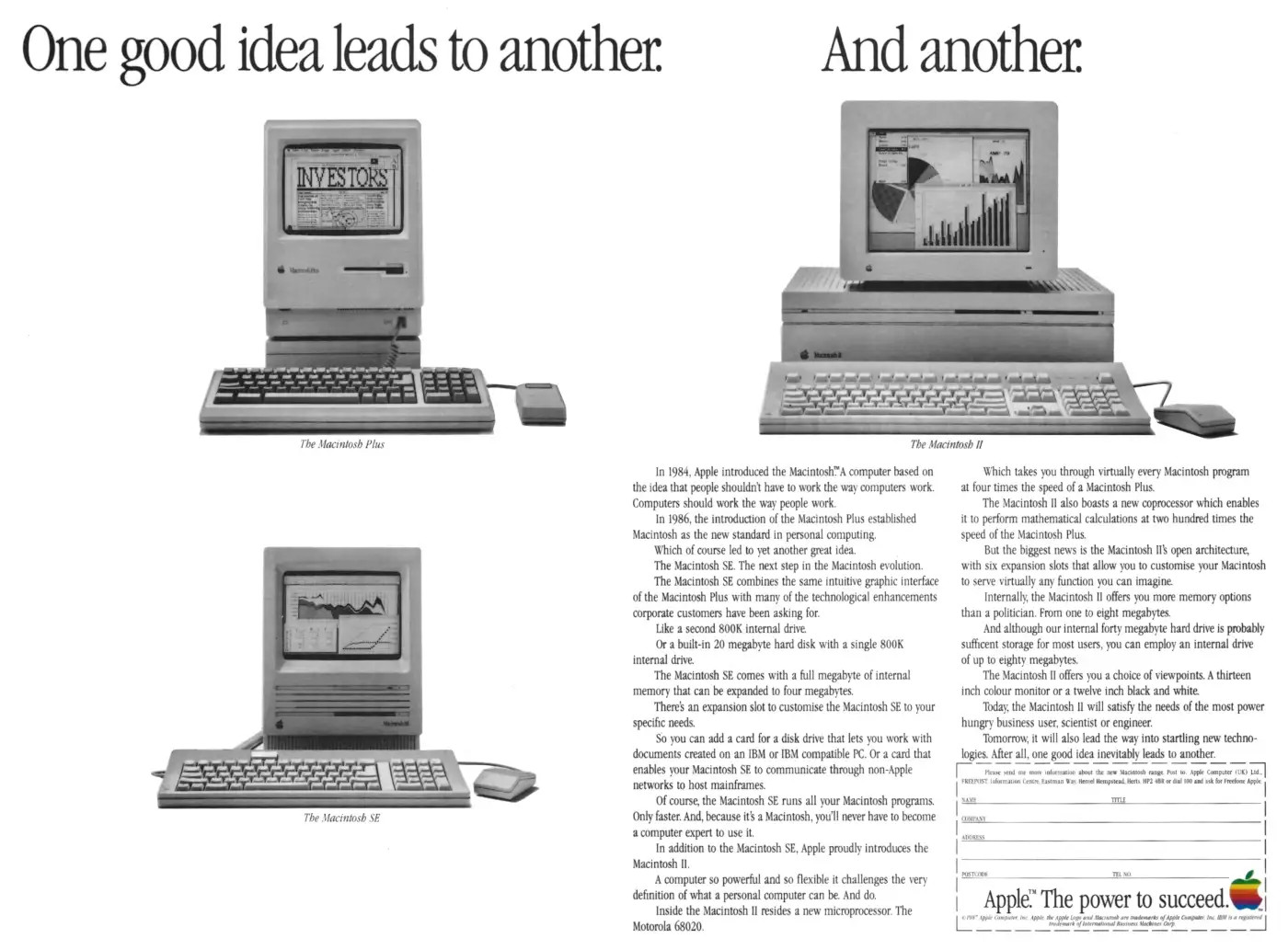 Apple Advert: One good idea leads to another. And another., from Personal Computer World, July 1987