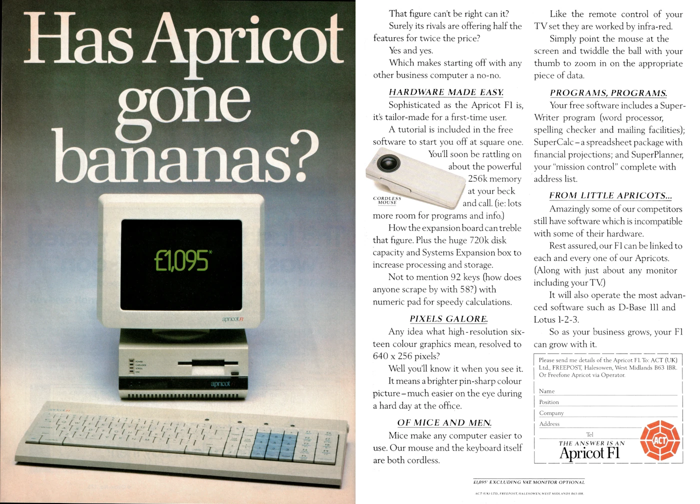 ACT/Apricot Advert: Has Apricot gone bananas?, from Practical Computing, January 1985