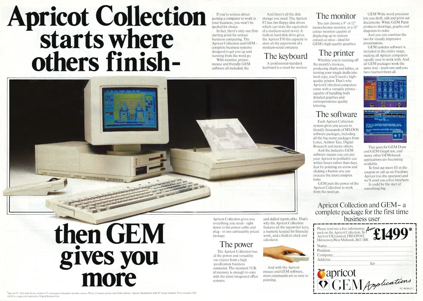 ACT/Apricot Advert: Apricot Collection starts where others finish - then GEM gives you more, from Personal Computer World, May 1986