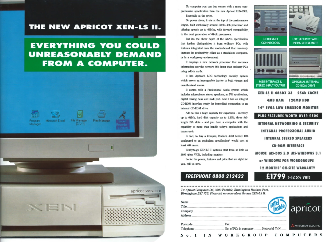 ACT/Apricot Advert: The new Apricot Xen-LS II. Everything you could unreasonably demand from a computer., from Personal Computer World, January 1993