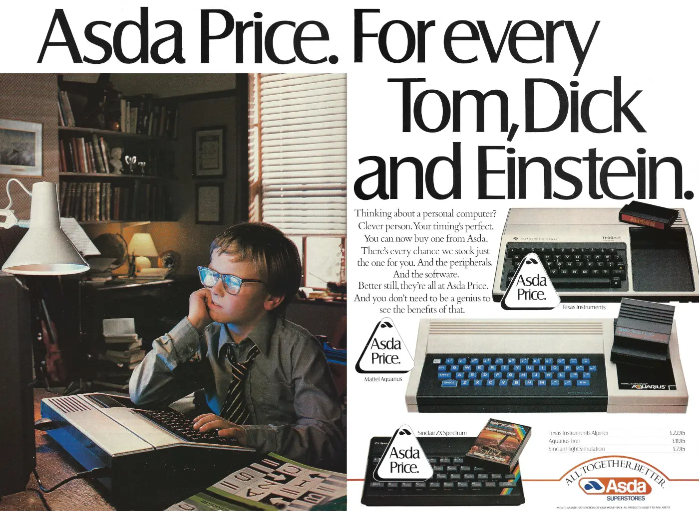 Asda Advert: <span class='hilite'>Asda</span> price - for every Tom, Dick and Einstein, from Personal Computer News, 10th November 1983