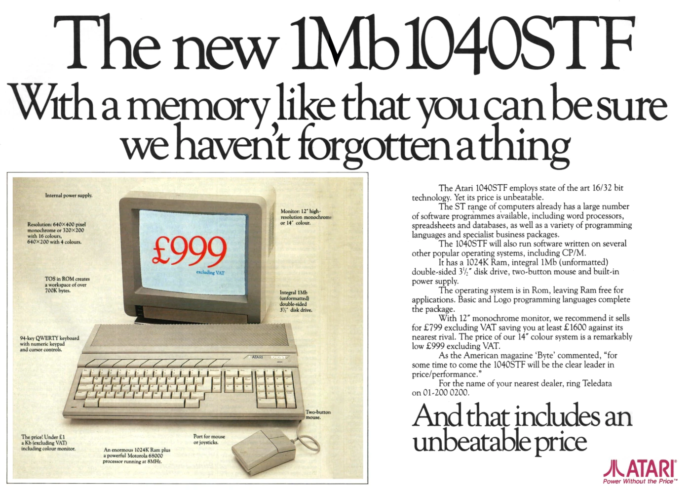 Atari Advert: The new 1Mb 1040STF: With a memory like that you can be sure we haven't forgotten a thing, from Personal Computer World, May 1986