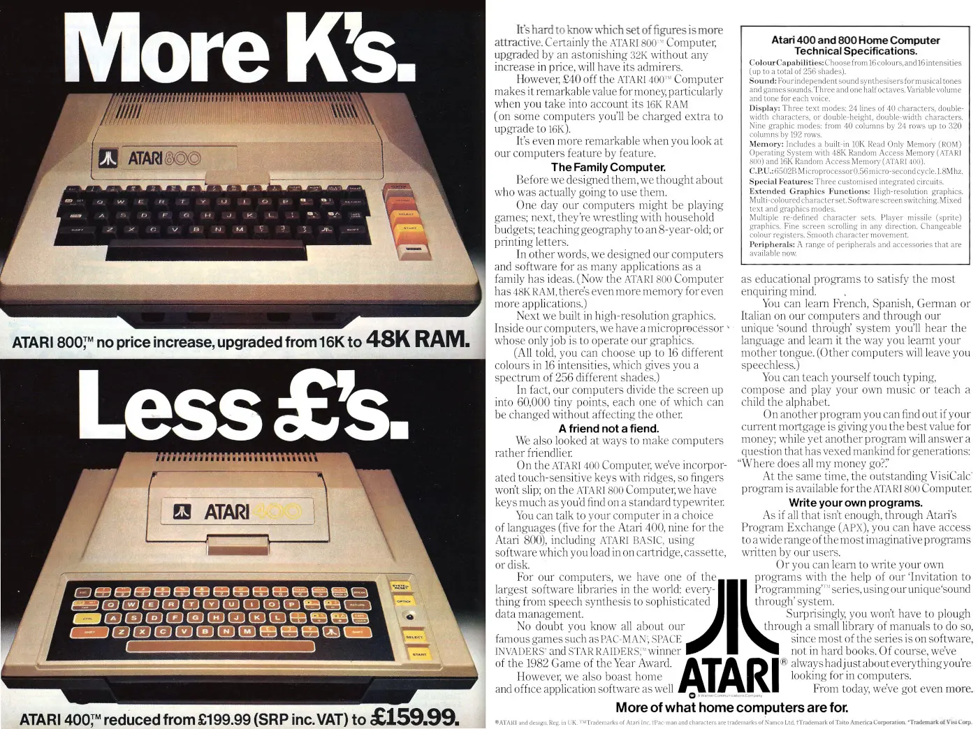 Atari Advert: Atari 400 and 800: More K's, Less £'s, from Personal Computer World, June 1983