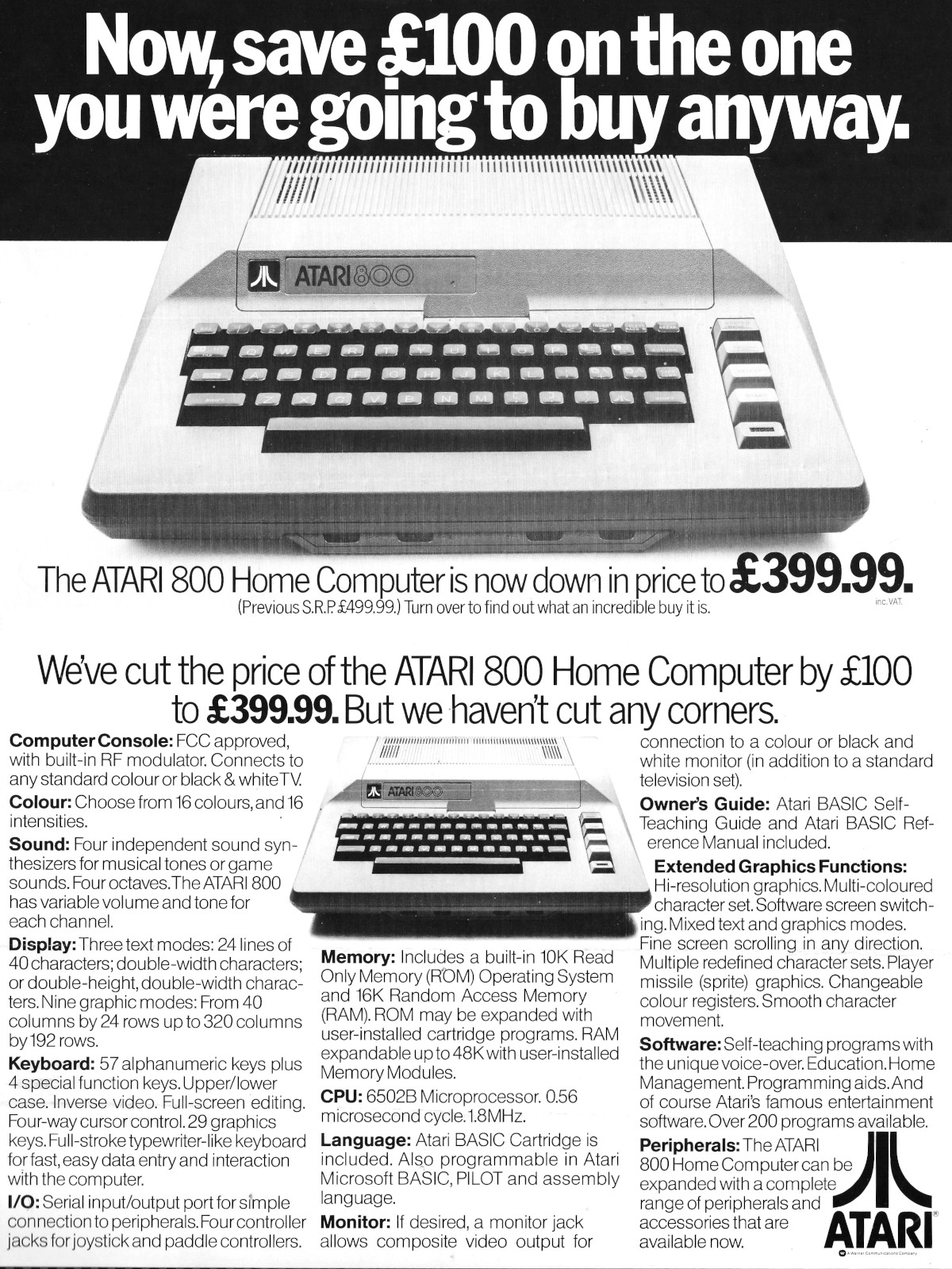 A flyer, which appeared in June 1983's Personal Computer World, announcing a price reduction on Atari's 800 model, from £499 to £399
