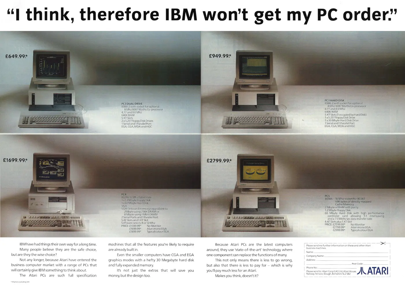 Atari Advert: I think, therefore IBM won't get my PC order, from Personal Computer World, January 1989