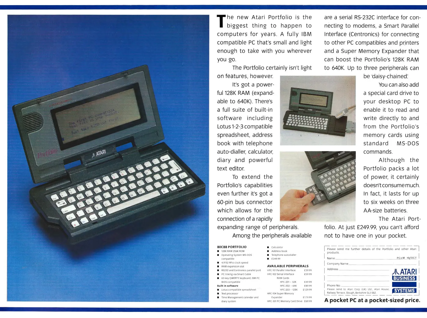 Atari Advert: A pocket PC at a pocket-sized price, from Personal Computer World, November 1989