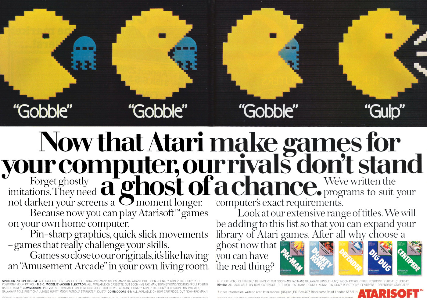 An advert from Atarisoft, which features a dig at clones of the company's games, like Commodore's version of Pac-Man, which it called Jelly Monsters after legal pressure from Atari. From Personal Computer World, March 1984