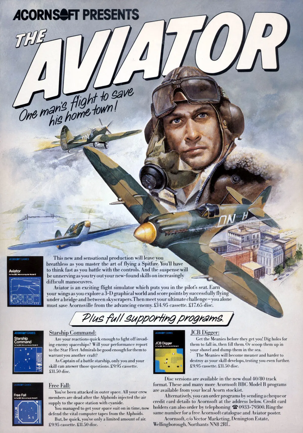 Acornsoft Advert: The Aviator - One man's flight to save his home town, from Personal Computer World, June 1984