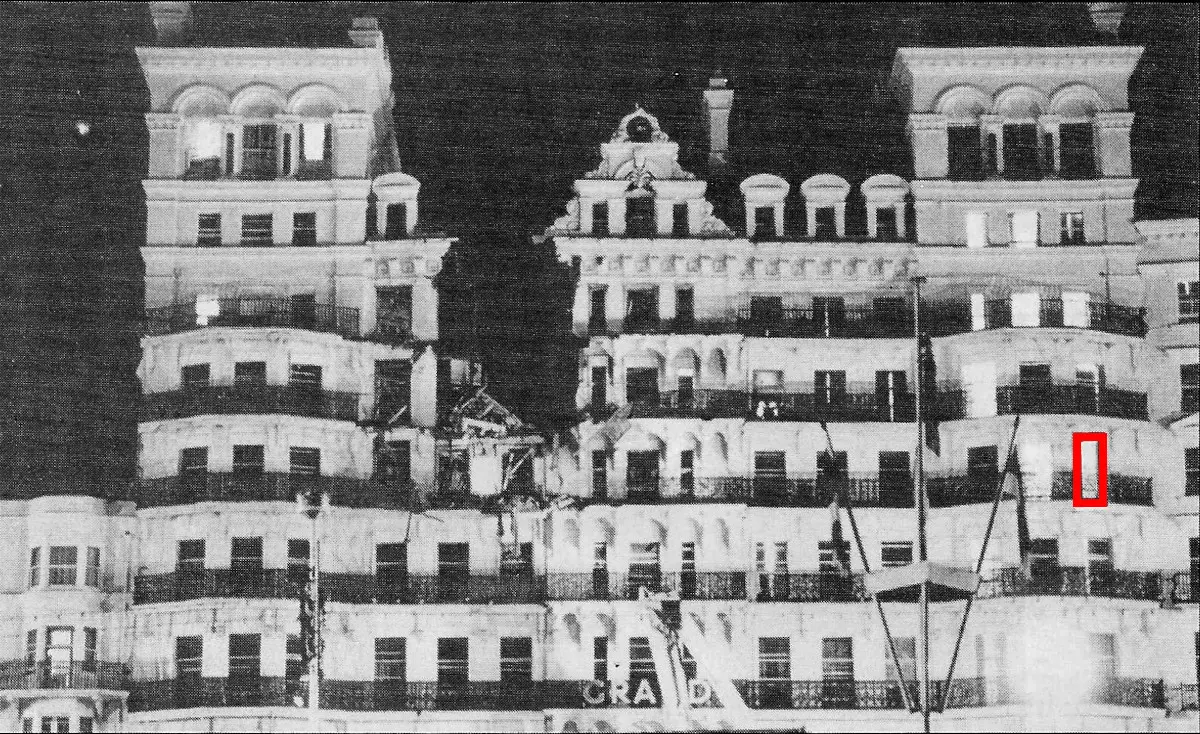 A photo of the Grand Hotel in Brighton after the explosion, with Chris Curry's room highlighted with a red box. From Acorn User, December 1984