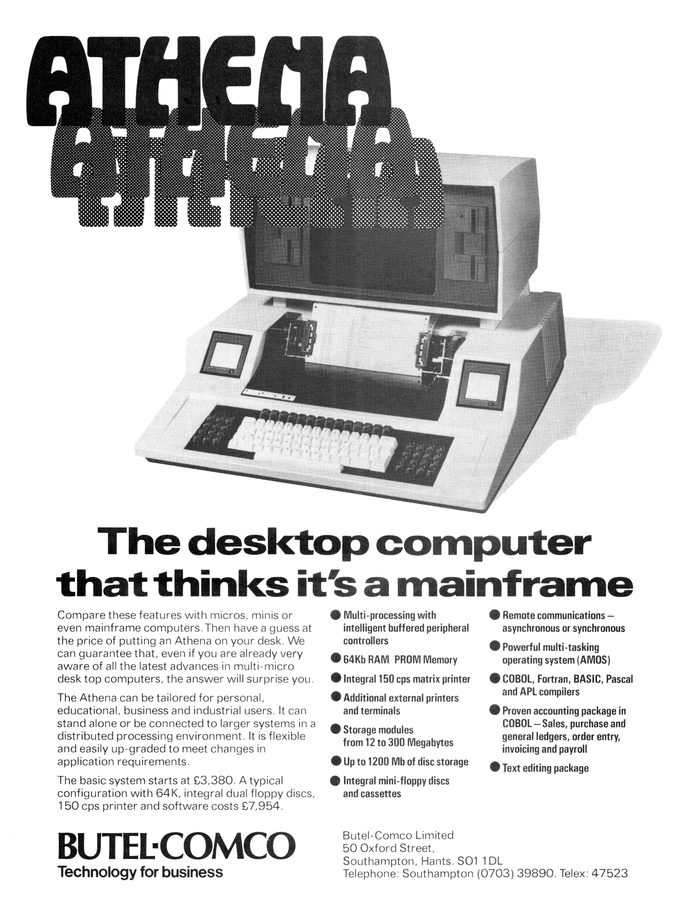 Butel-Comco Advert: The desktop computer that thinks it's a mainframe, from Practical Computing, July 1980