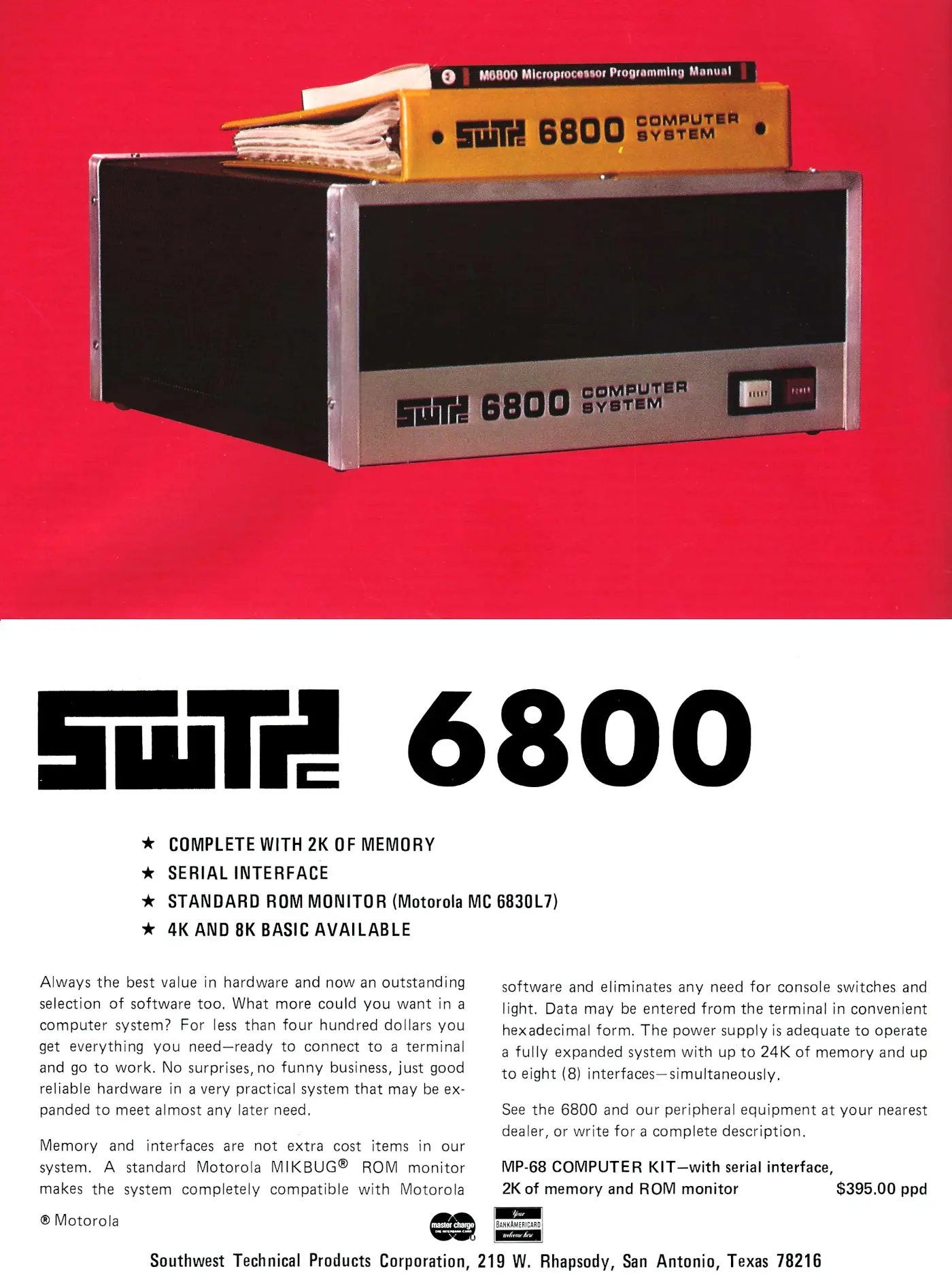 SWTPC Advert: <b>SWTPC 6800 - Complete with 2K of memory</b>, from Byte - The Small Systems Journal, January 1977