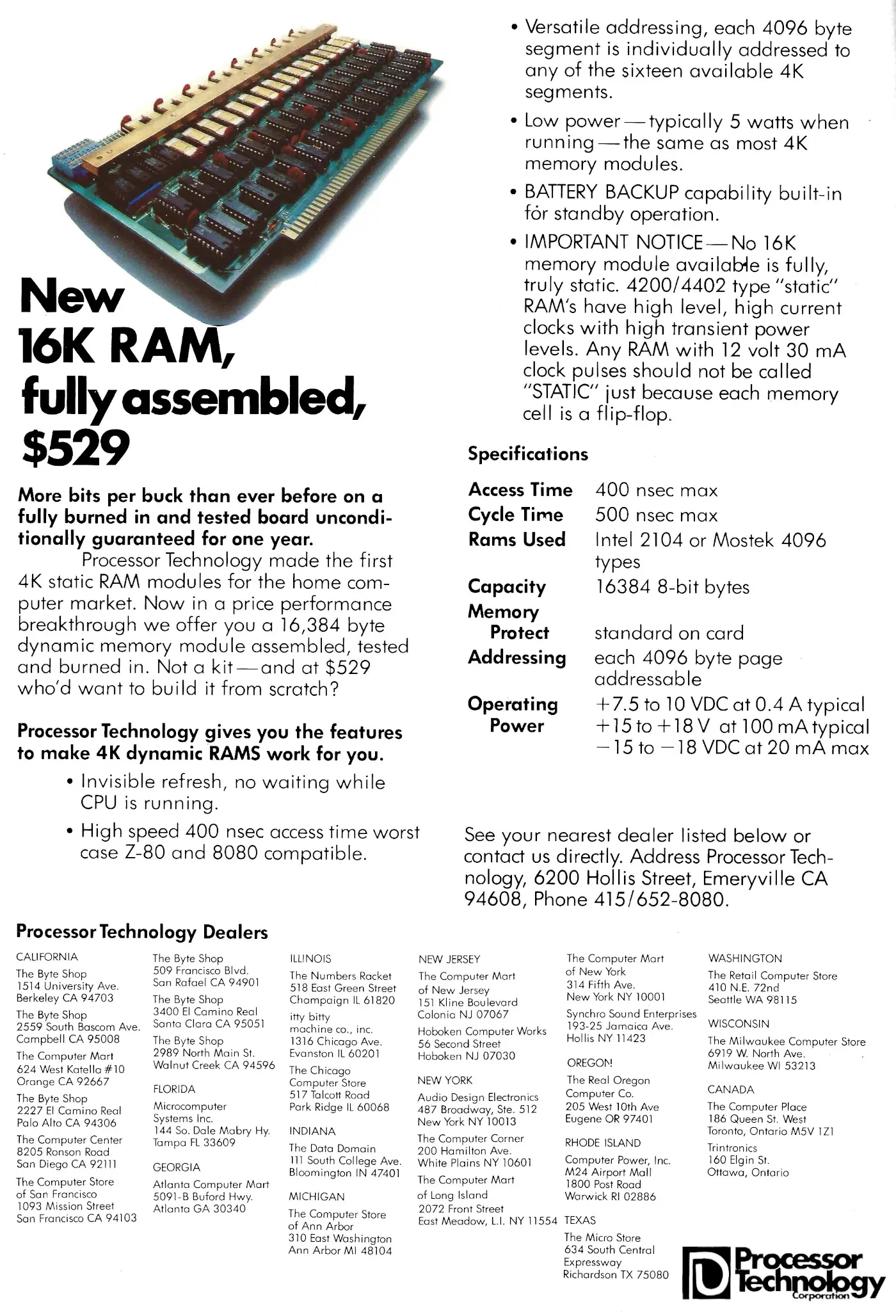 Processor Technology Advert: Processor Technology: New 16K RAM Fully Assembled, from Byte - The Small Systems Journal, January 1977