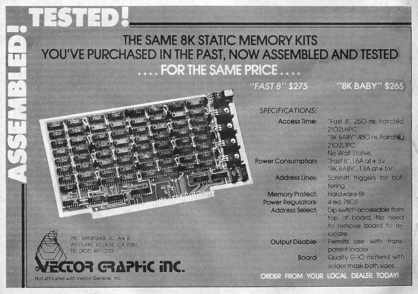 Vector Graphic Advert: <b>Vector Graphic Inc.: Assembled! Tested! The same 8K static memory for the same price!</b>, from Byte - The Small Systems Journal, July 1977