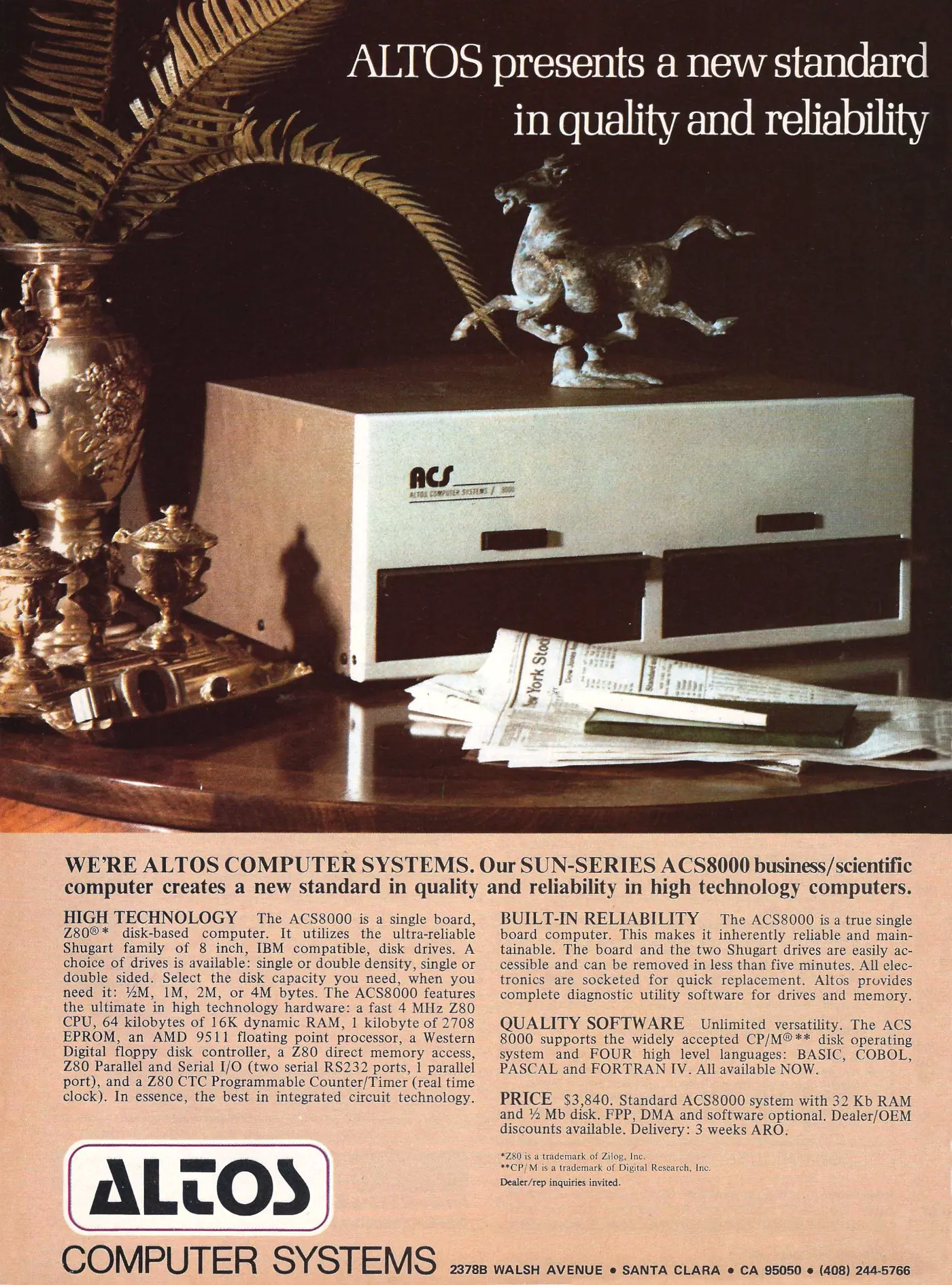 Altos Advert: Altos presents a new standard in quality and reliability - Altos ACS8000, from Byte - The Small Systems Journal, August 1978