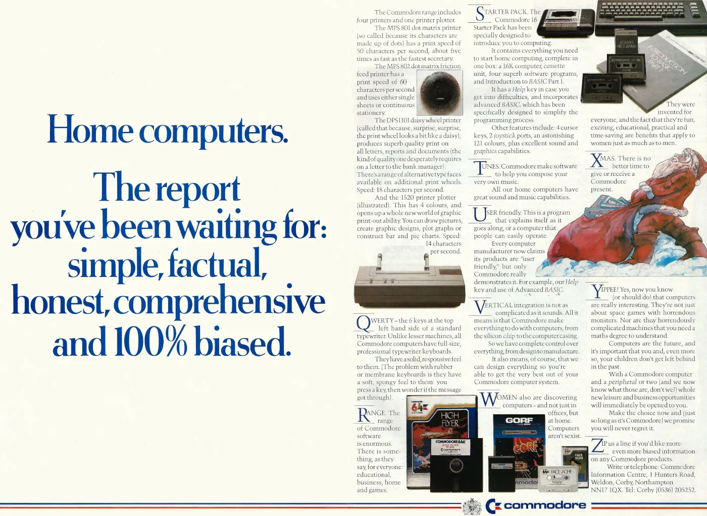 Commodore Advert: The report you are waiting for: simple, factual, honest and 100% biased, from Personal Computer World, December 1984