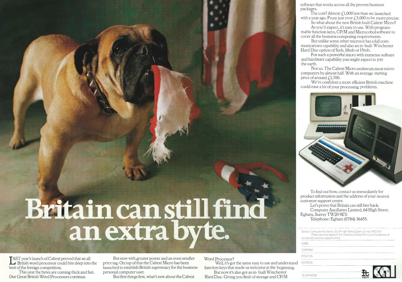 CAL Advert: Britain can still find an extra byte, from Personal Computer World, November 1982