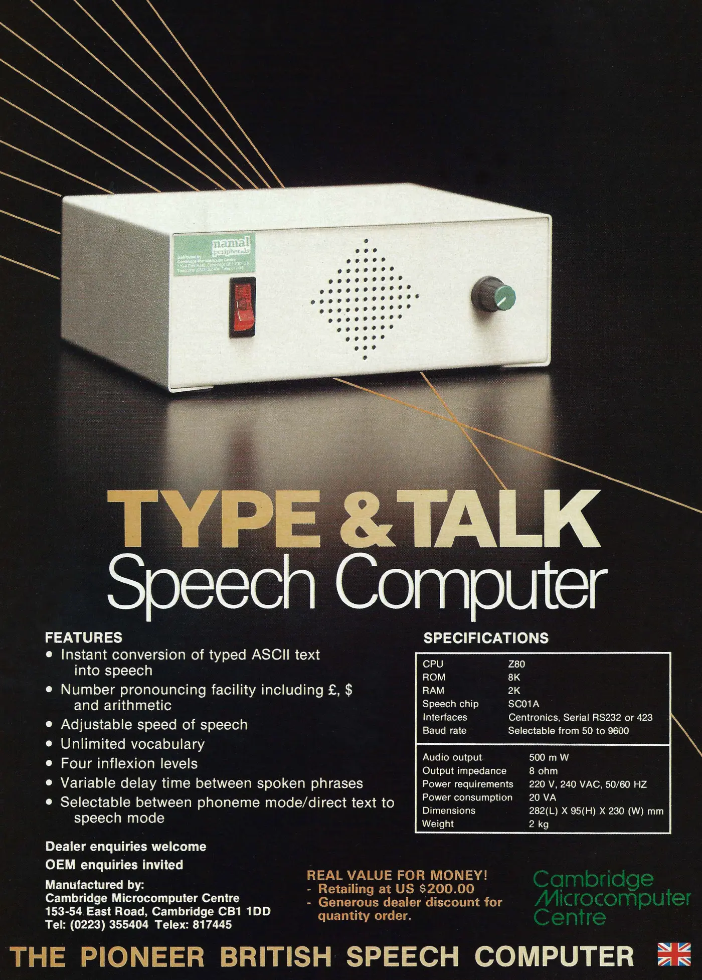 Namal Advert: Type and Talk Speech Computer, from Personal Computer World, April 1985