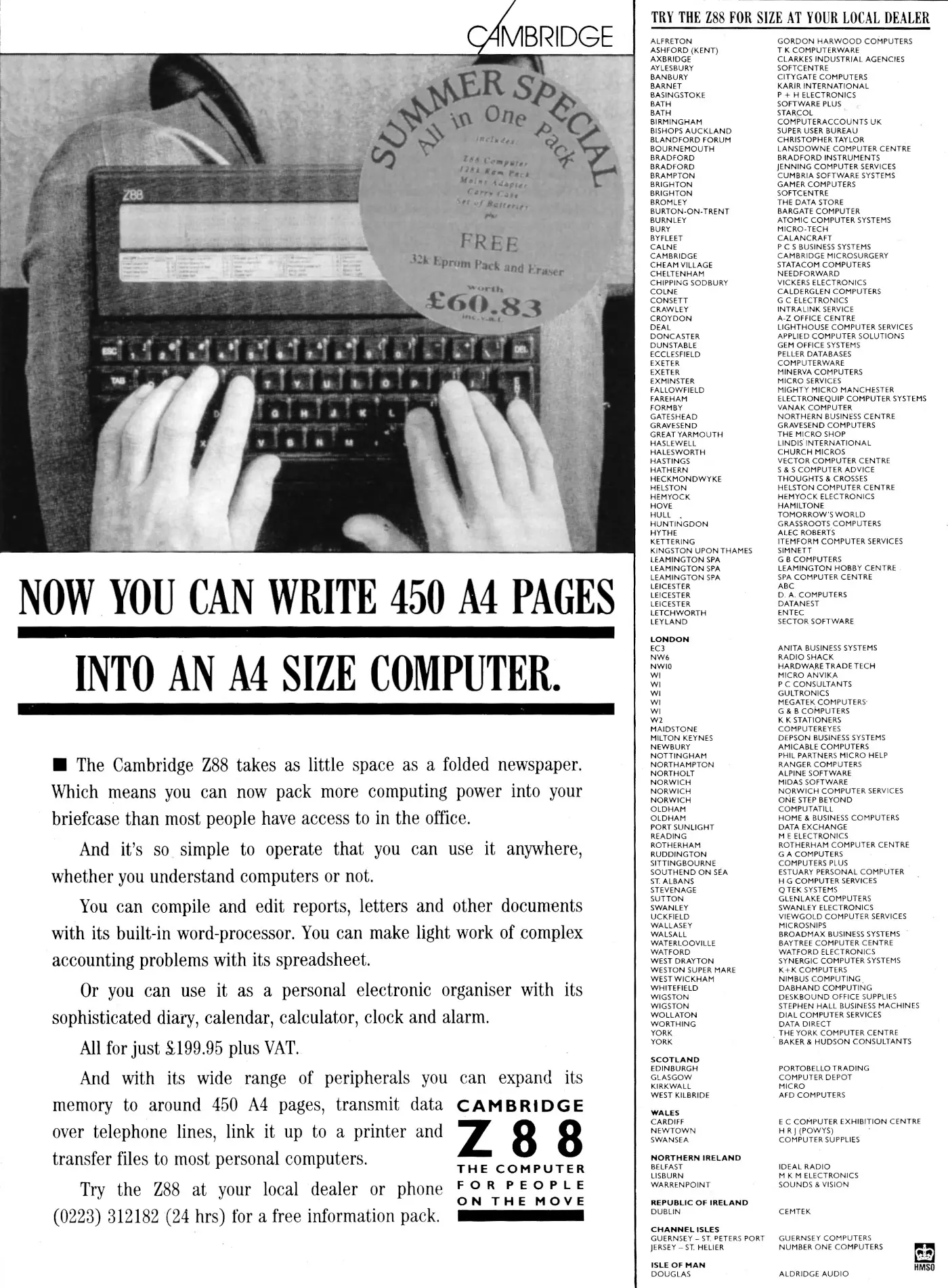 Cambridge Computer Advert: Now you can write 450 A4 pages into an A4-size computer, from Personal Computer World, August 1990