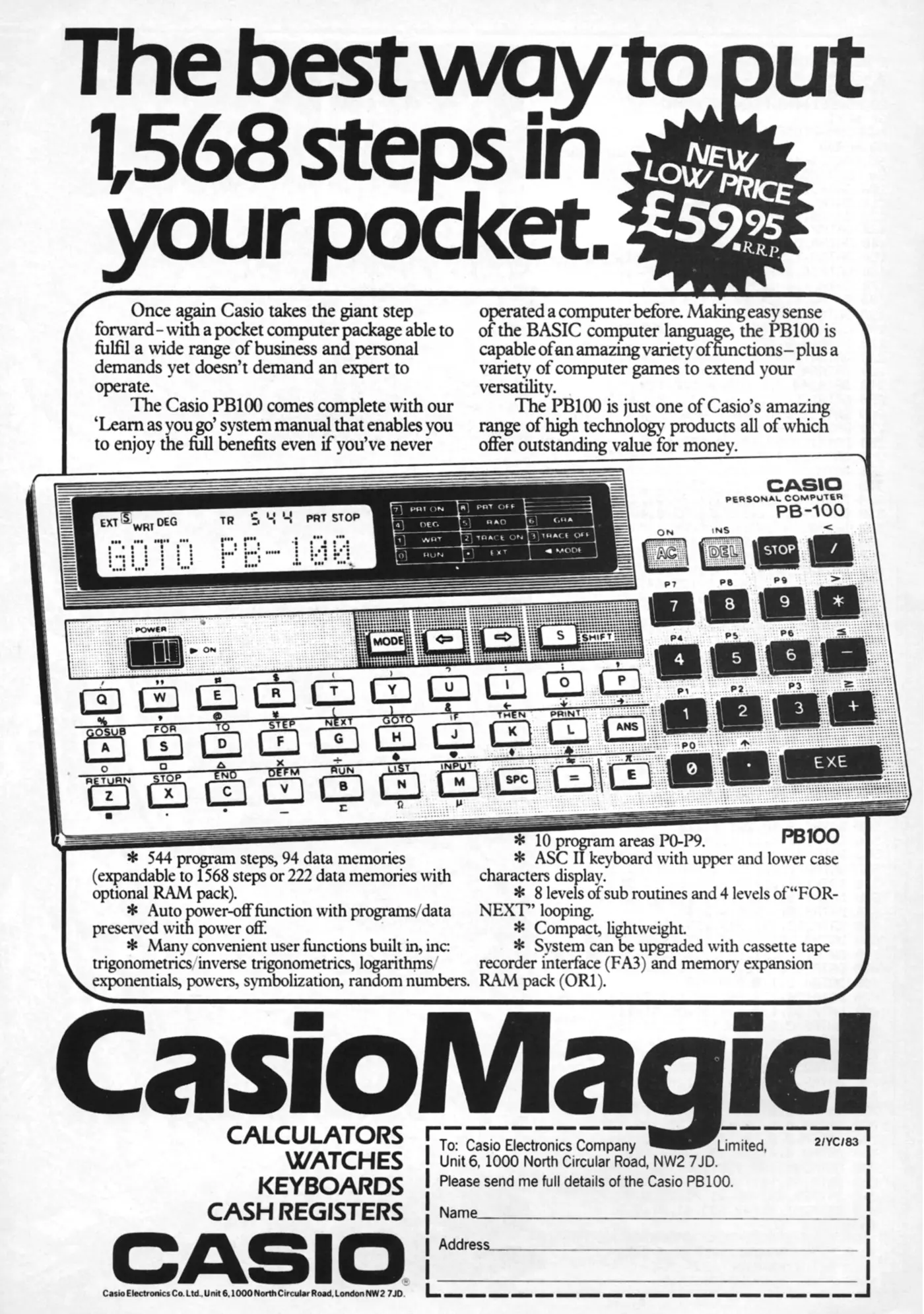 Casio Advert: Casio PB-100: The best way to put 1,568 steps in your pocket, from Your Computer, February 1983