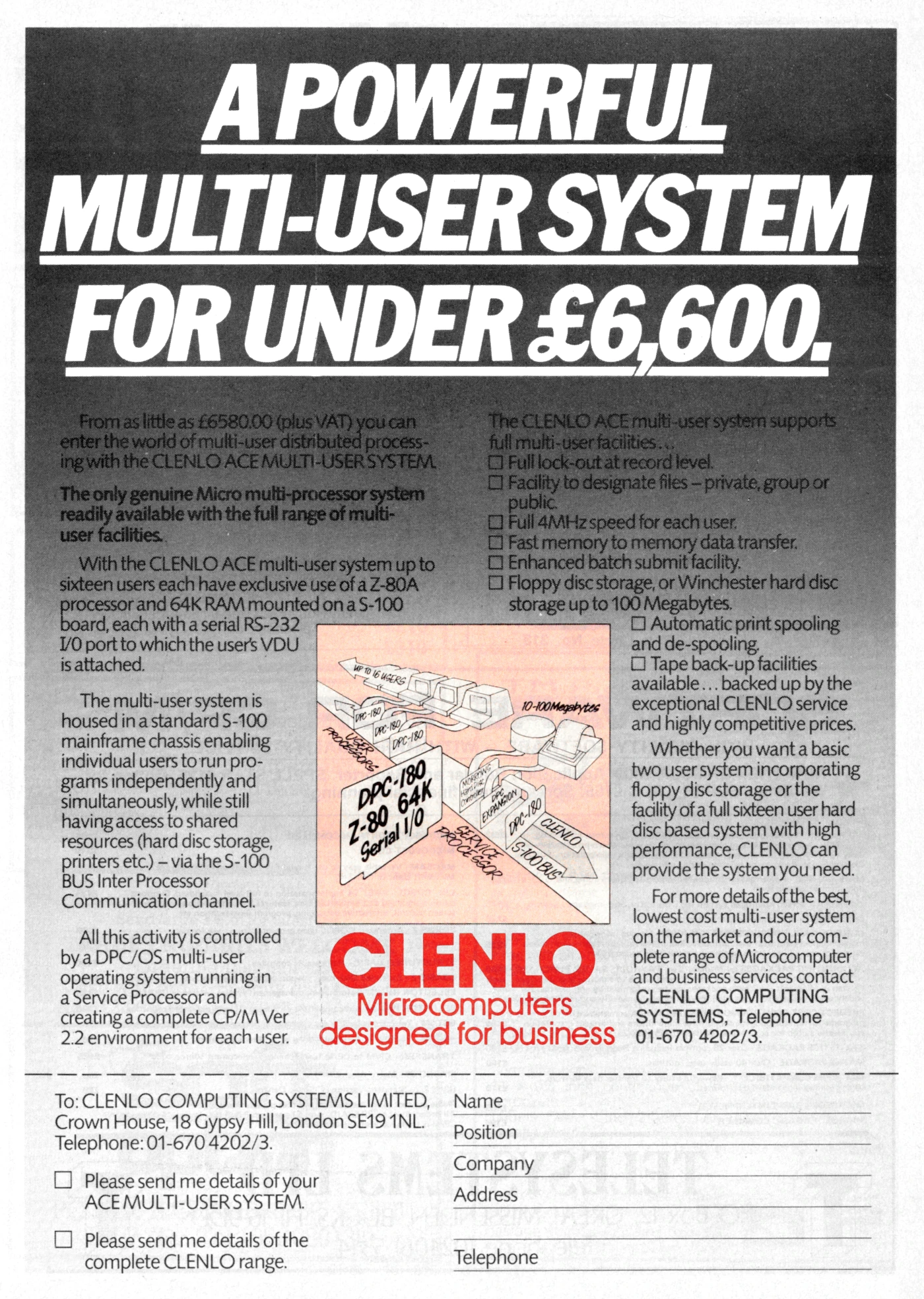 Clenlo Advert: A powerful multi-user system for under £6,600, from Practical Computing, February 1982