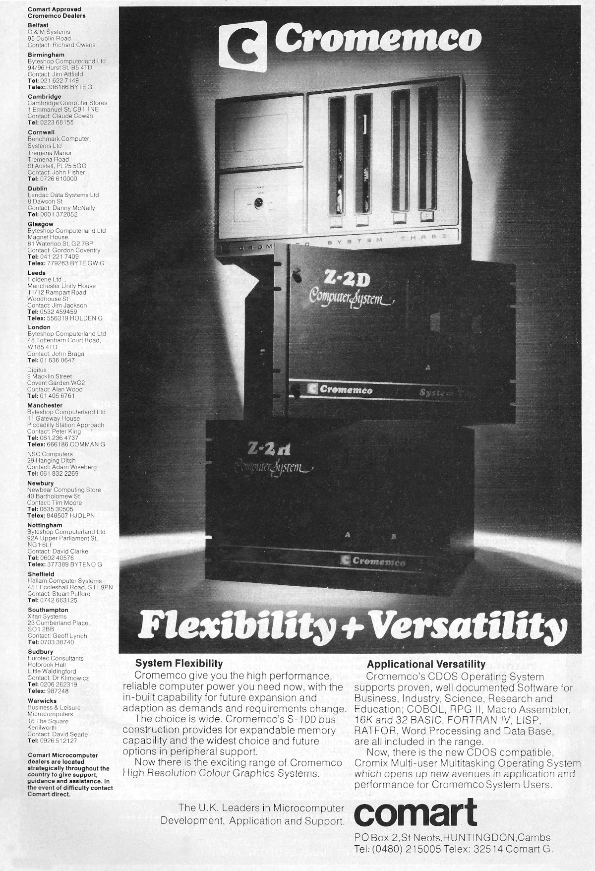 An advert for Comart the reseller, showing the Cromemco Z-2, which had been around since 1977. From Personal Computer World, January 1981