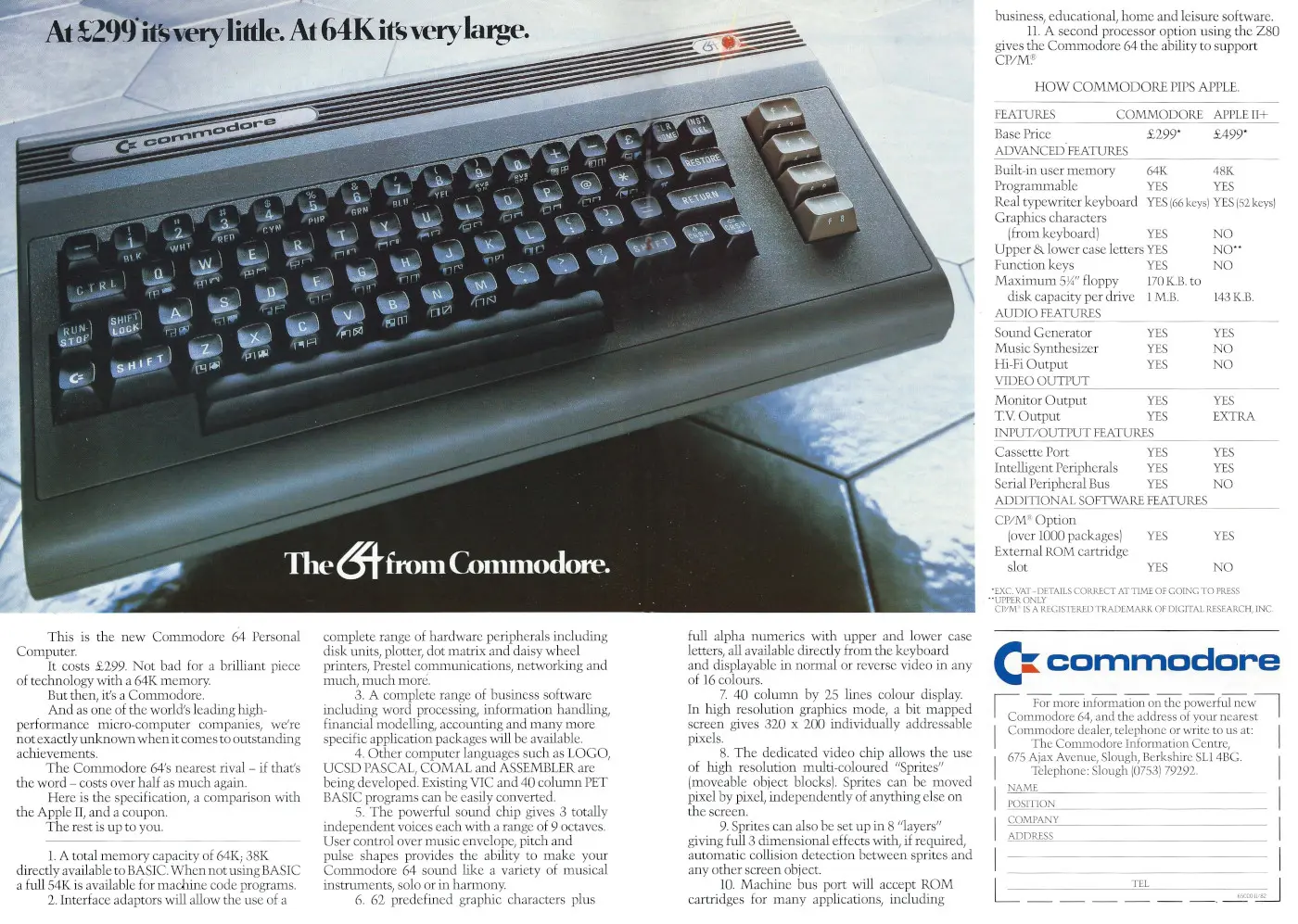 Commodore Advert: At £299 it's very little. At 64K it's very large, from Commodore Computing International, February 1983